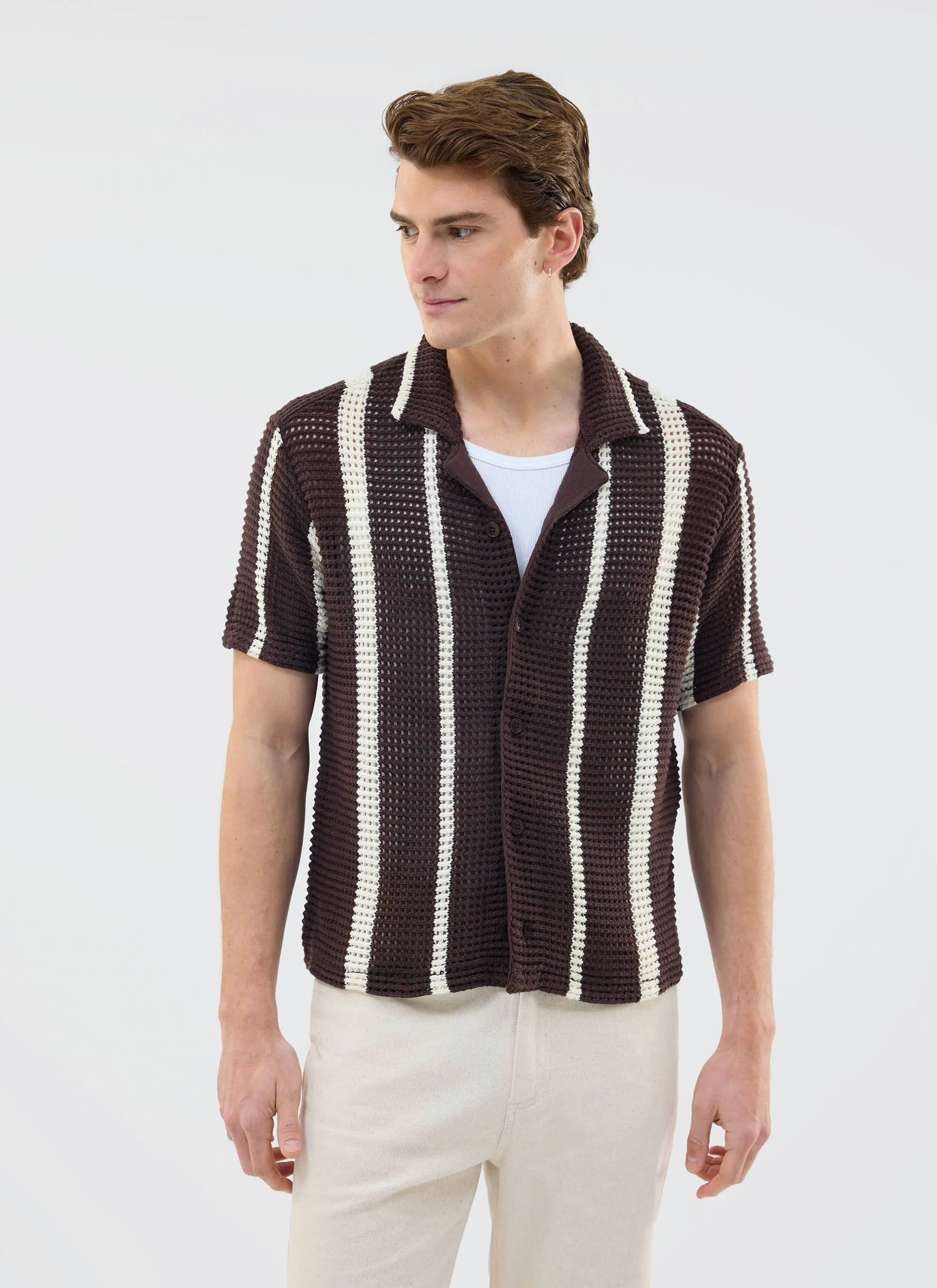 Conti Knitted Stripe Shirt | Cotton | Brown with Ecru sold by Percival