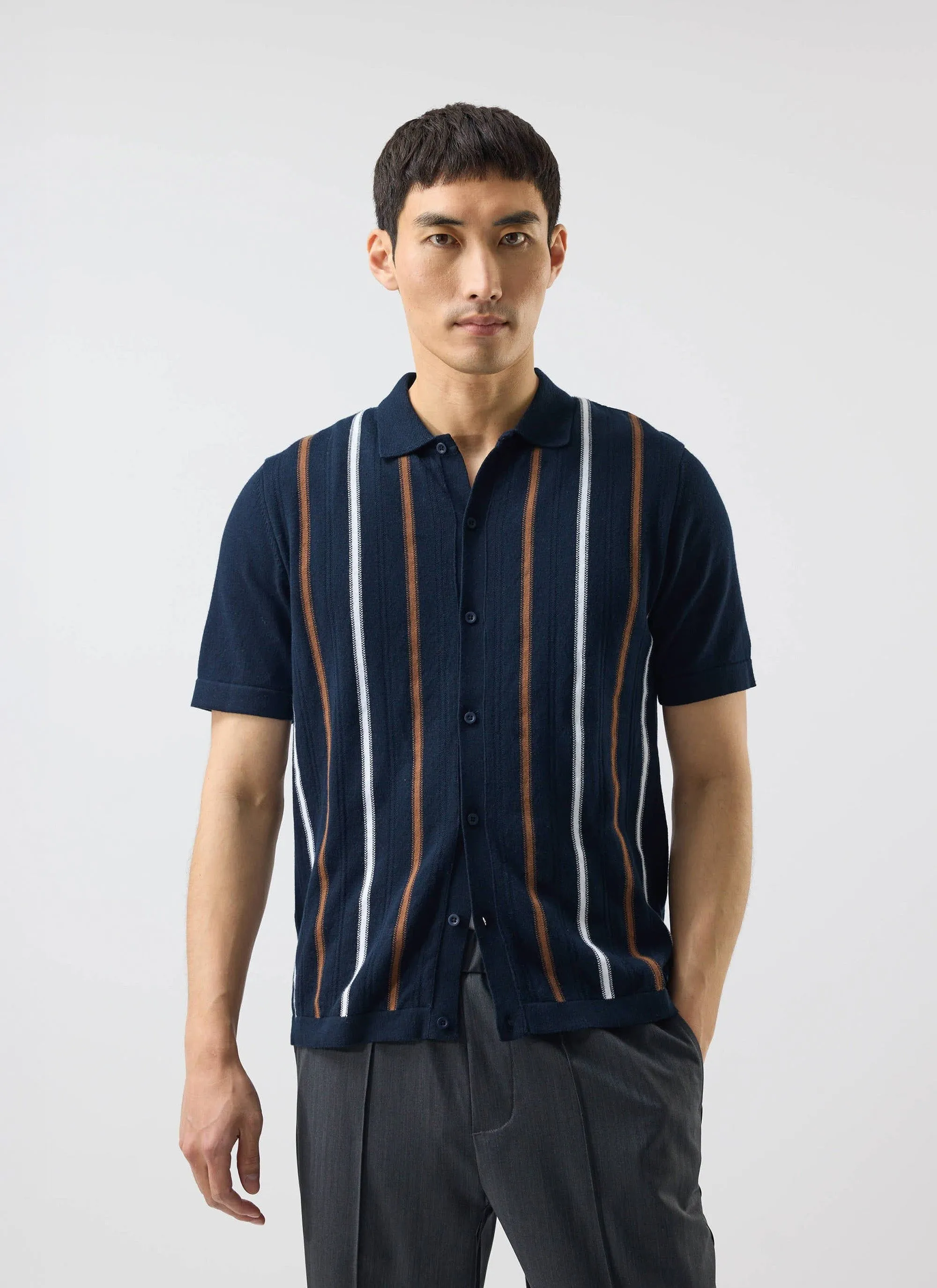 Striped Short Sleeve Knitted Shirt | Navy Blue sold by Percival product image thumbnail 2