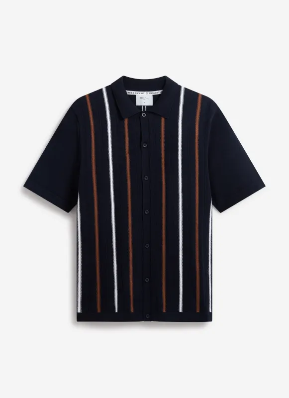 Knitted Cotton Stripe Short Sleeve Shirt | Navy sold by Percival