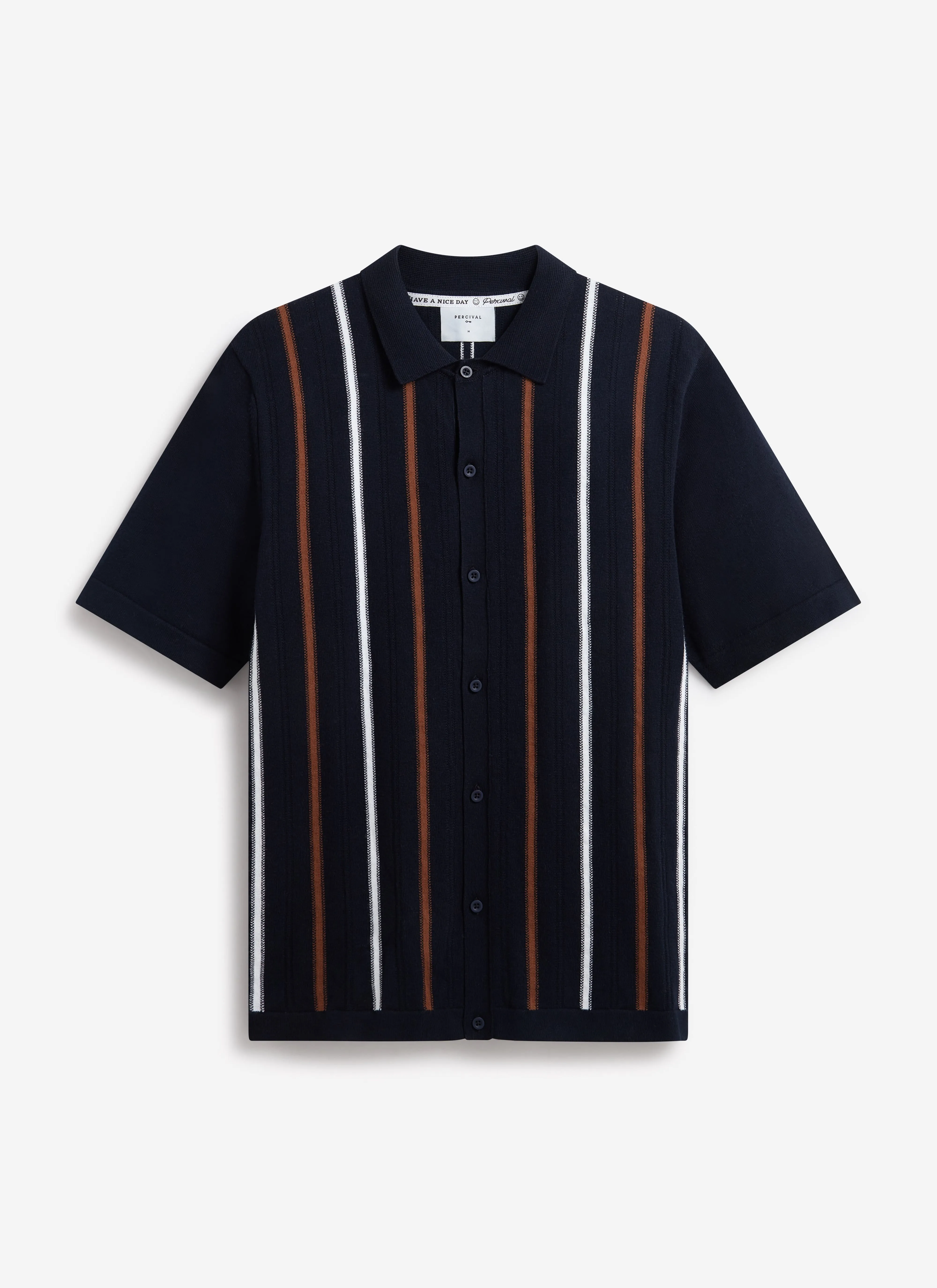 Striped Short Sleeve Knitted Shirt | Navy Blue sold by Percival