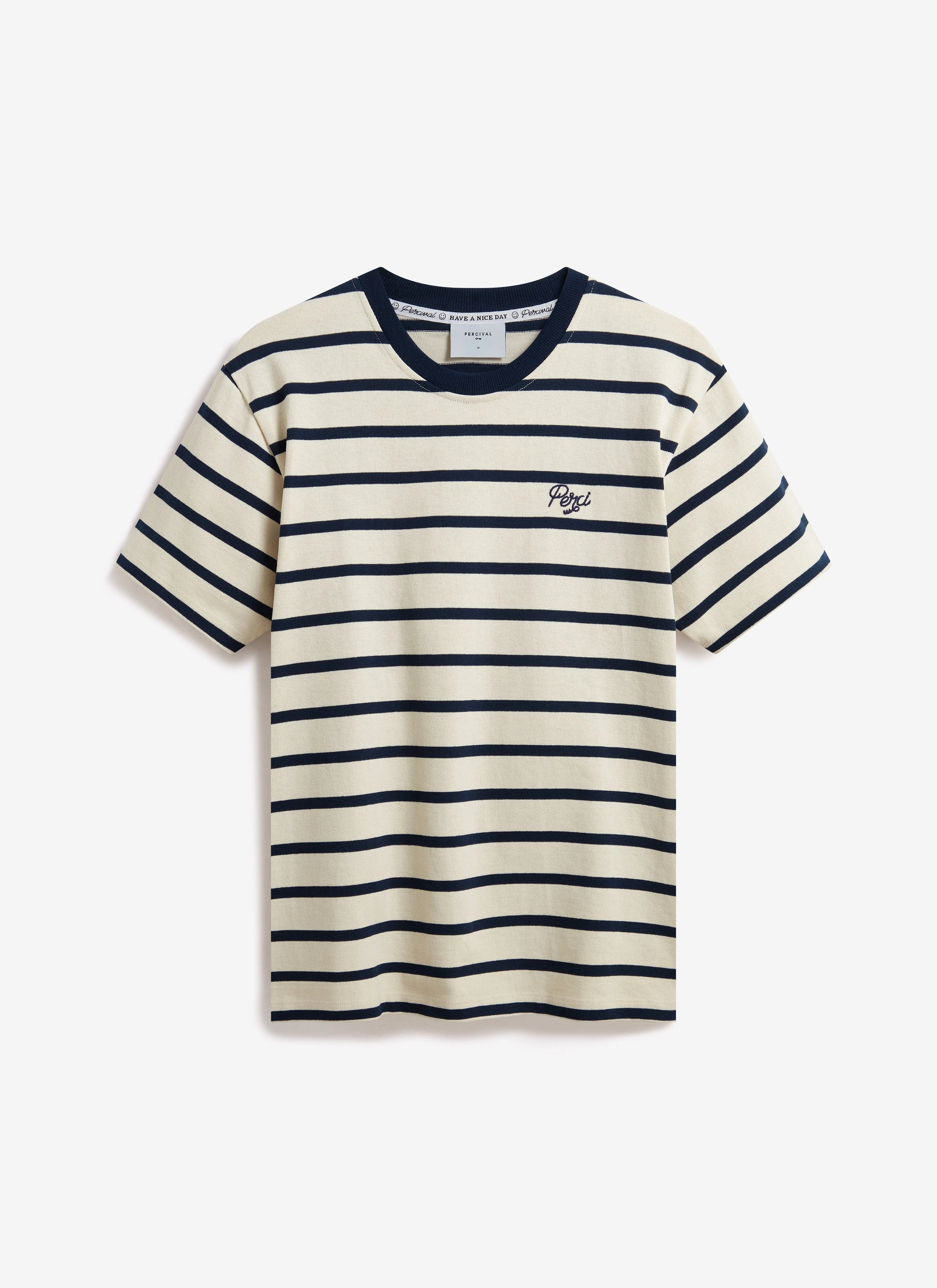 Breton Stripe T Shirt | Organic Cotton | Ecru with Navy sold by Percival