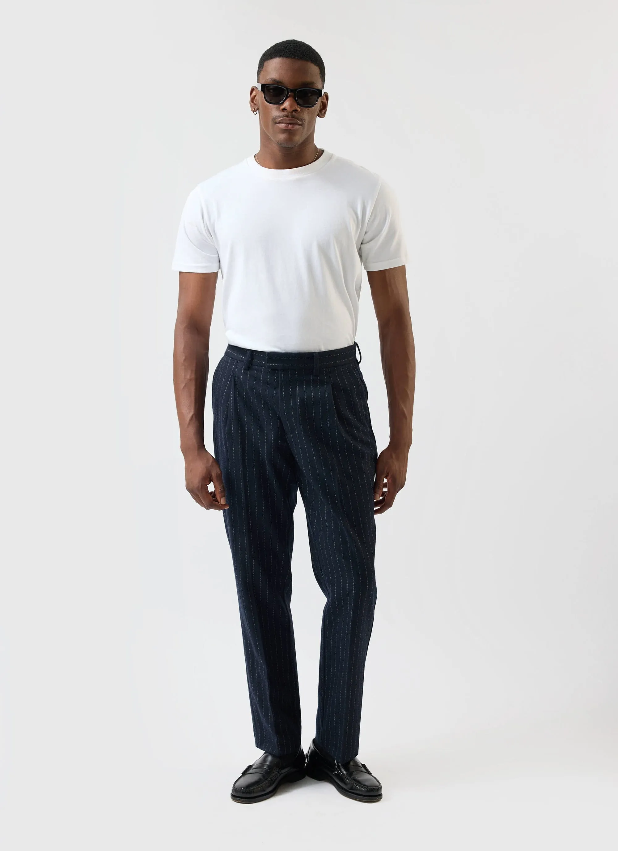 Textured Stripe Relaxed Pleated Trouser | Navy sold by Percival product image thumbnail 5