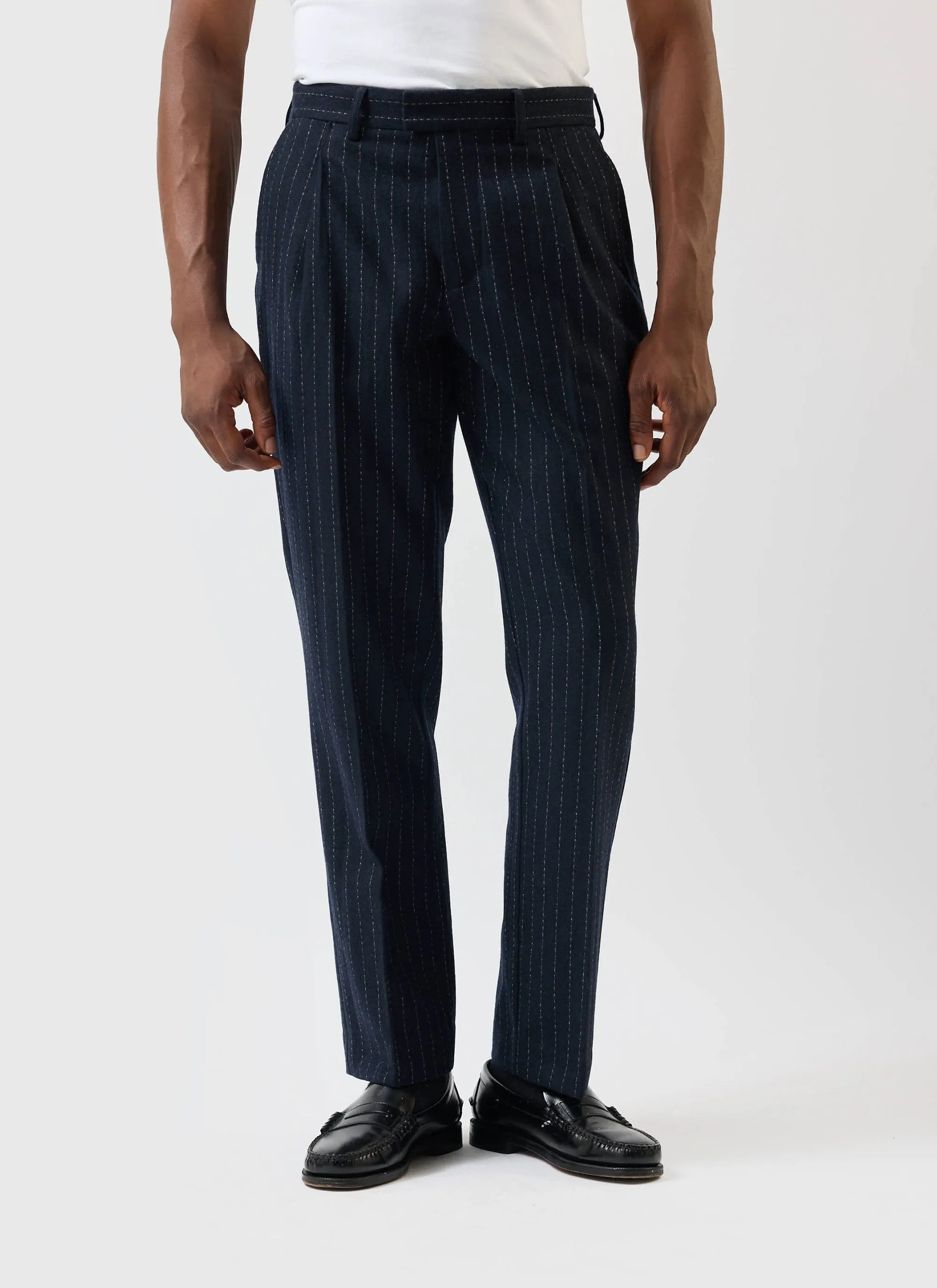 Textured Stripe Relaxed Pleated Trouser | Navy sold by Percival