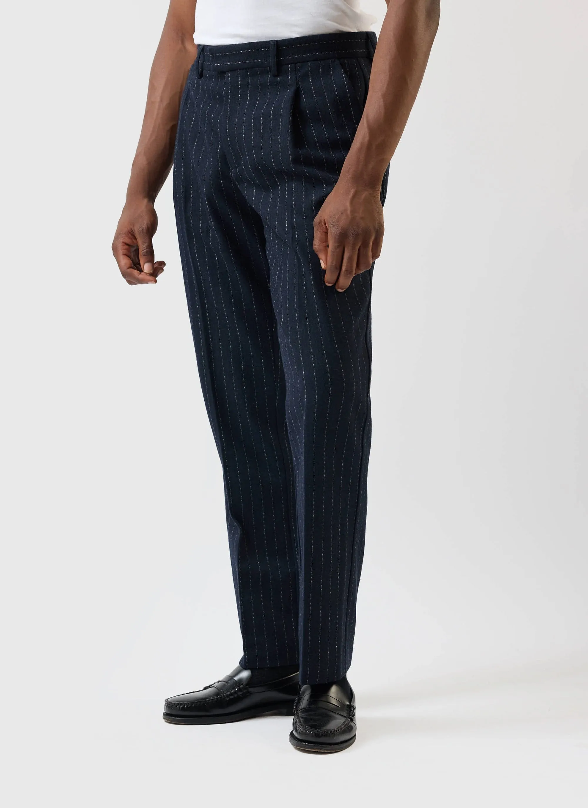 Textured Stripe Relaxed Pleated Trouser | Navy sold by Percival product image thumbnail 3
