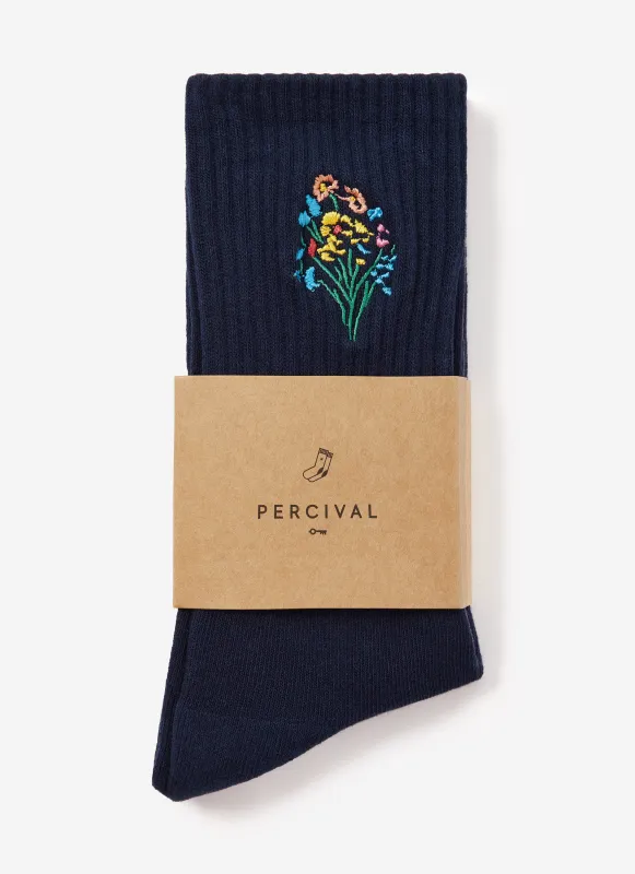 Wax Bouquet Embroidered Socks | Navy sold by Percival