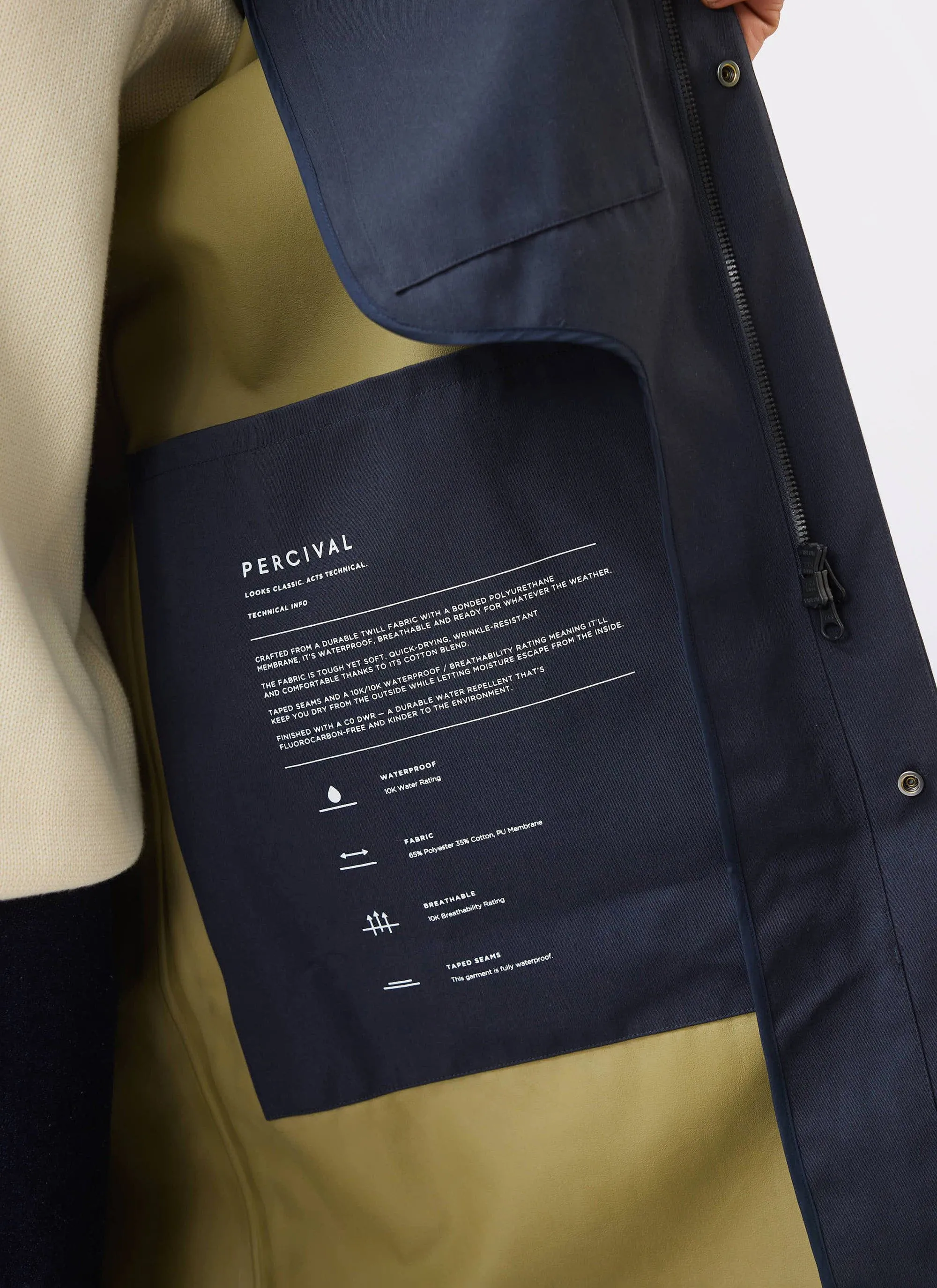 Men's Navy Greyson Long Trench Coat | Waterproof | Midnight with Olive sold by Percival product image thumbnail 5