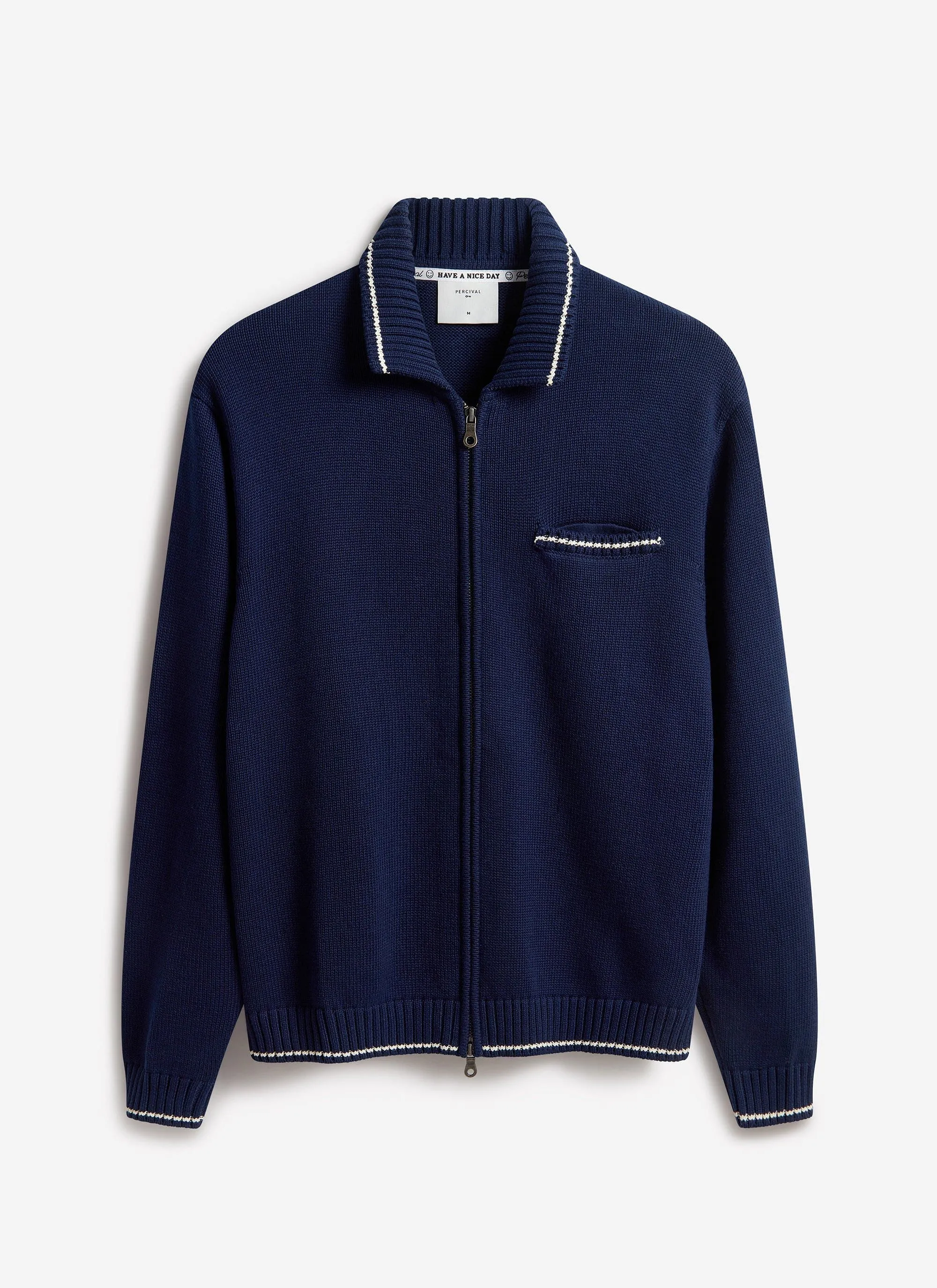 Gardner Dense Knitted Zip Cardigan | Cotton | Navy sold by Percival