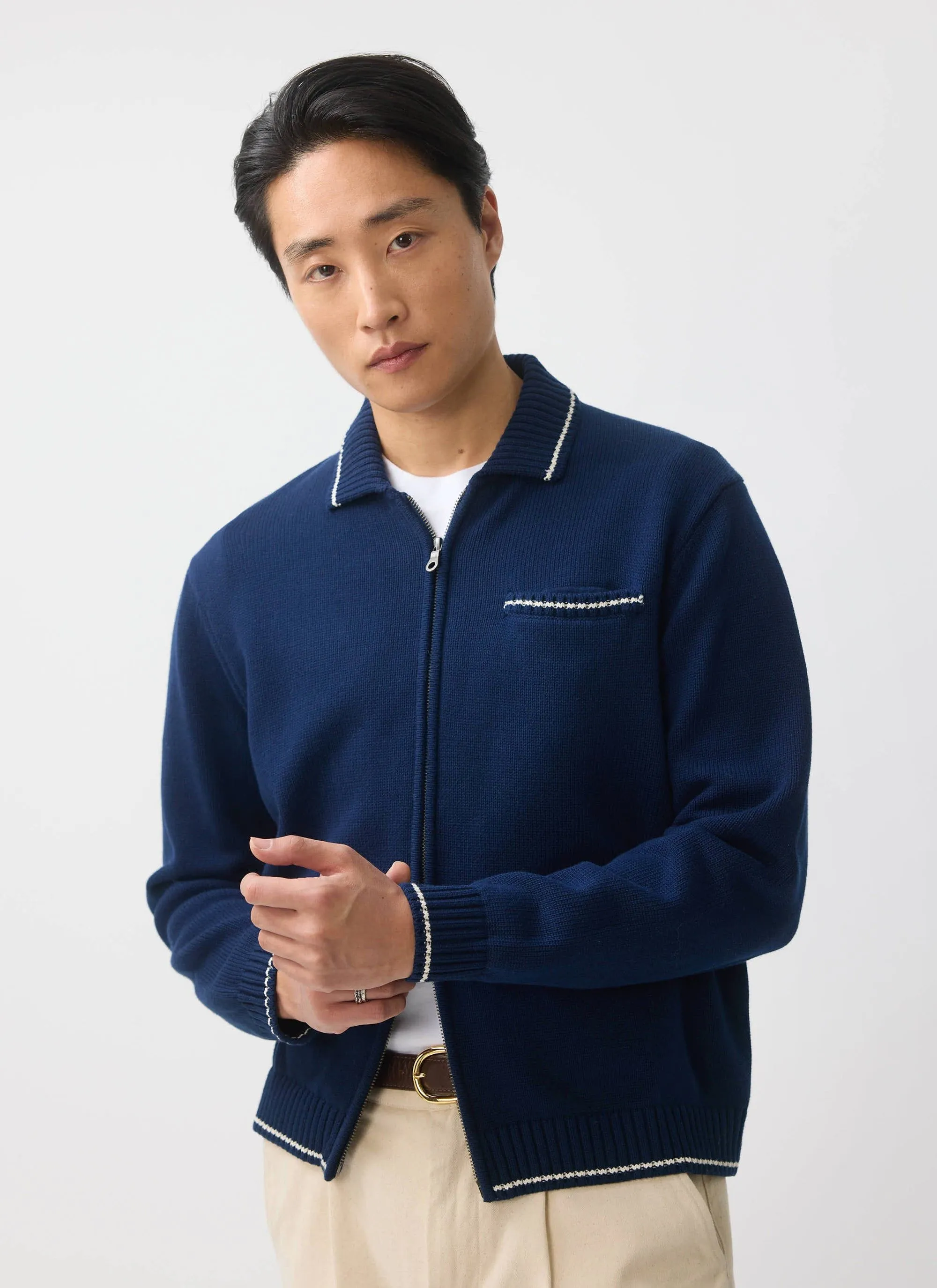 Gardner Dense Knitted Zip Cardigan | Cotton | Navy sold by Percival product image thumbnail 2