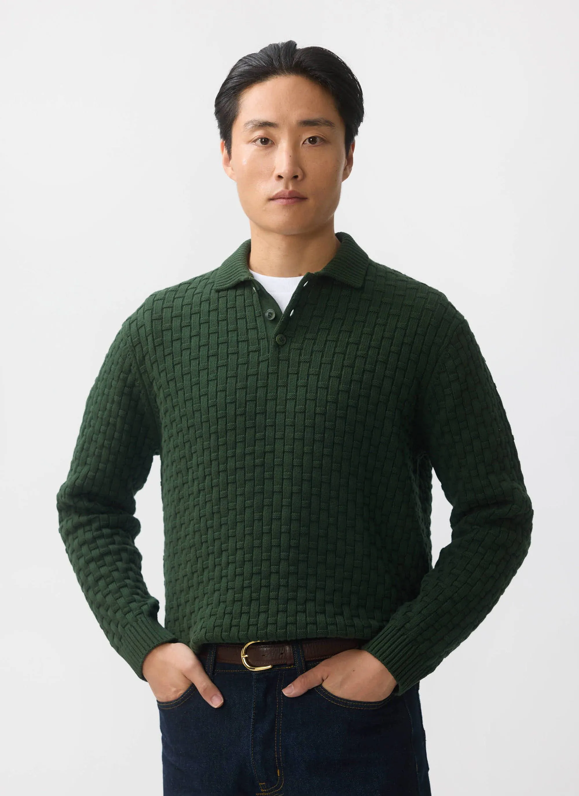 Archer Basketweave Long Sleeve Knitted Shirt | Cotton | Forest sold by Percival product image thumbnail 4