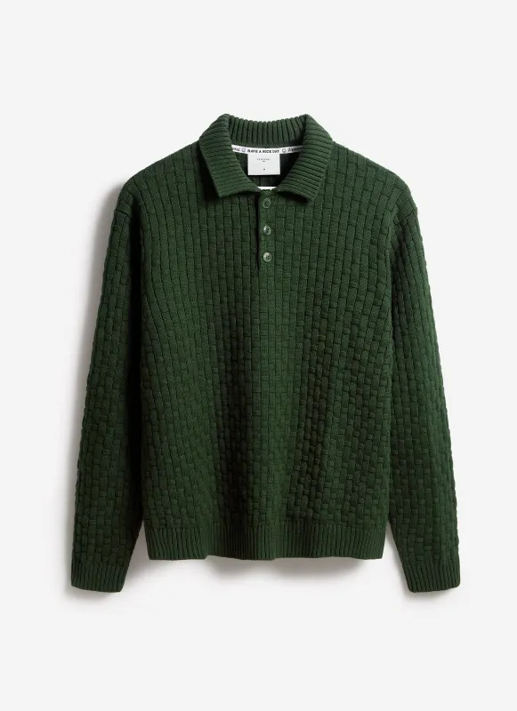 Archer Basketweave Long Sleeve Knitted Shirt | Cotton | Forest sold by Percival