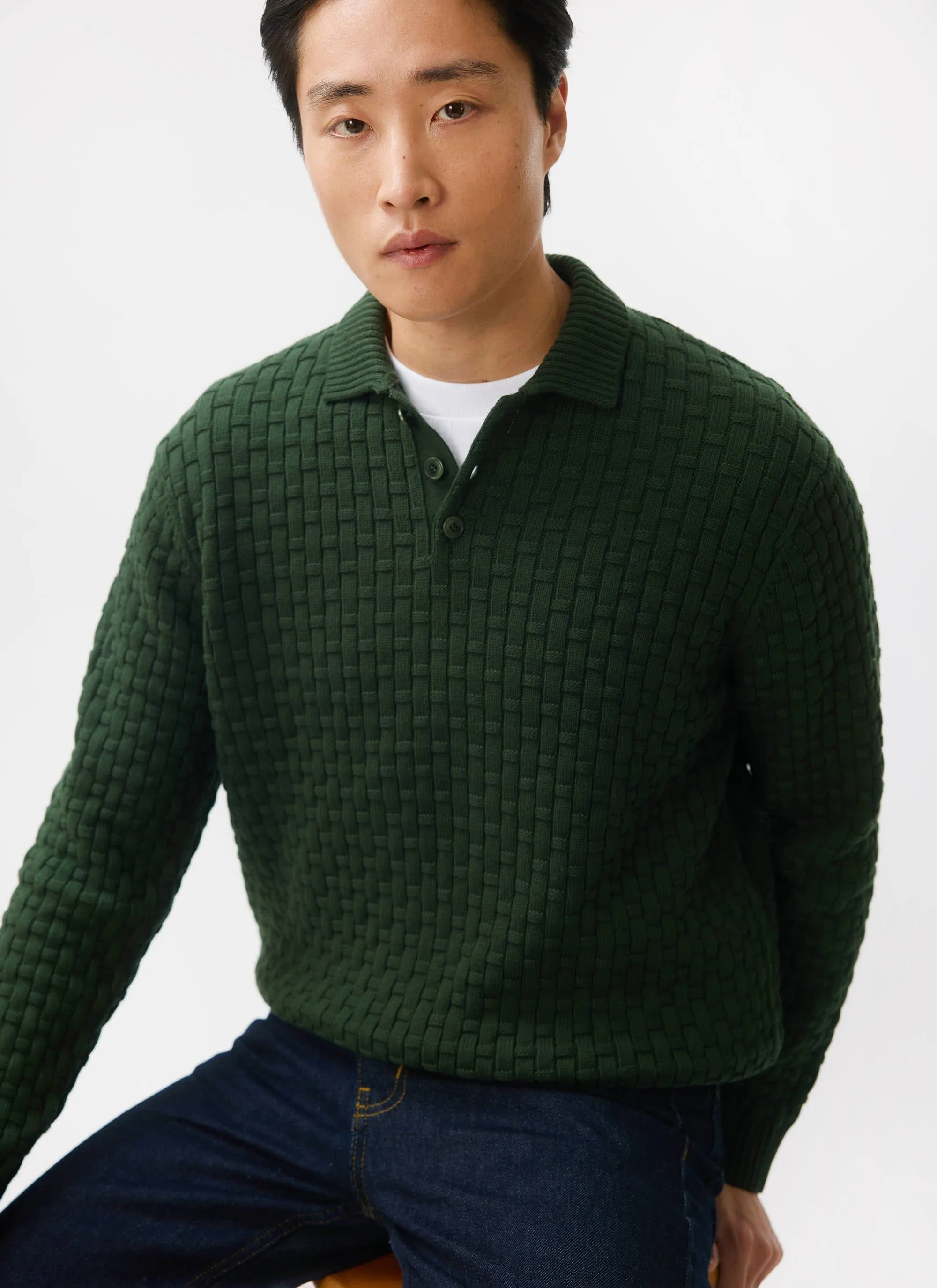 Archer Basketweave Long Sleeve Knitted Shirt | Cotton | Forest sold by Percival product image thumbnail 5