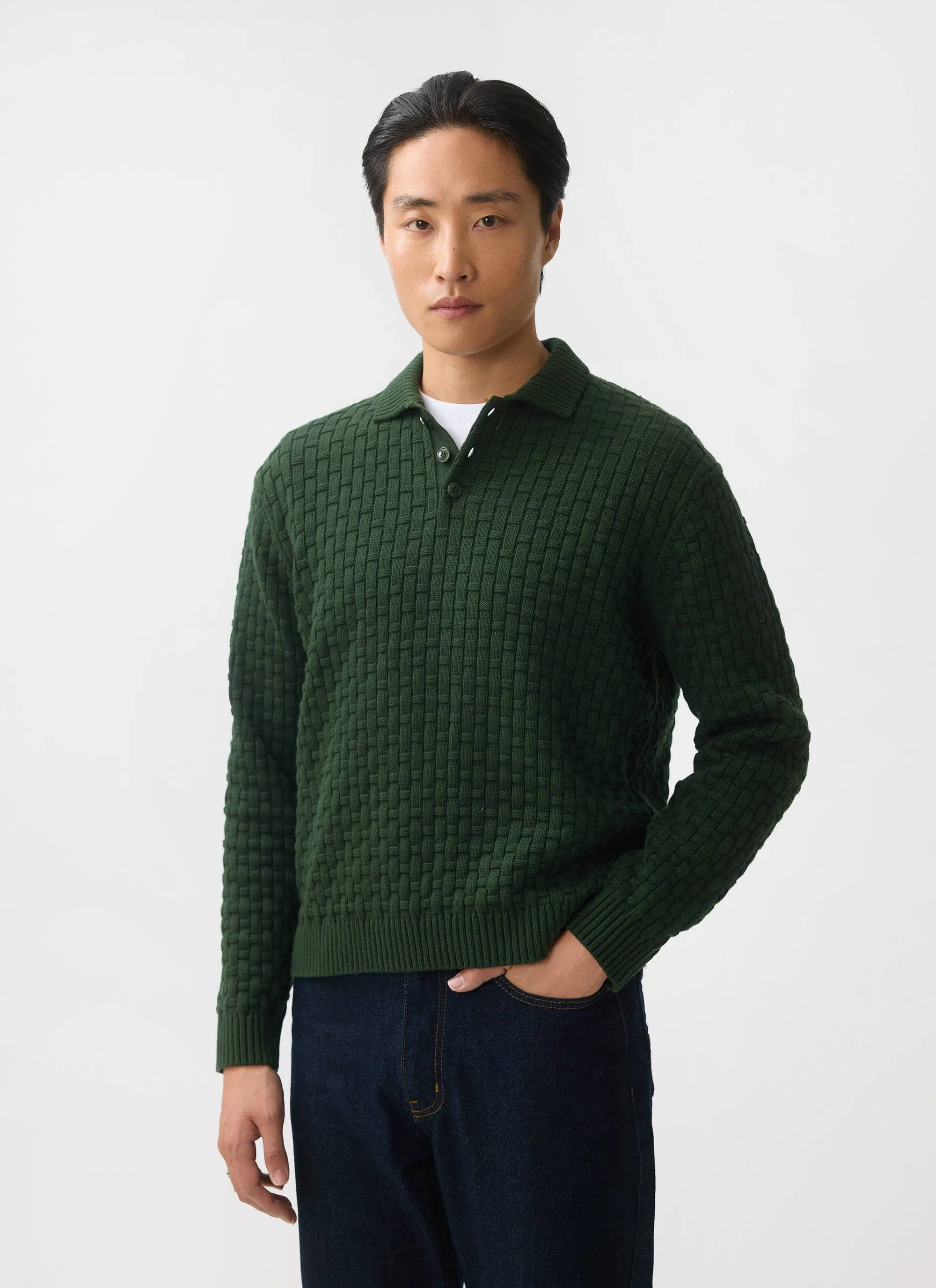 Archer Basketweave Long Sleeve Knitted Shirt | Cotton | Forest sold by Percival product image thumbnail 2