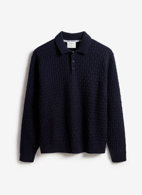 Archer Basketweave Long Sleeve Knitted Shirt | Cotton | Navy sold by Percival