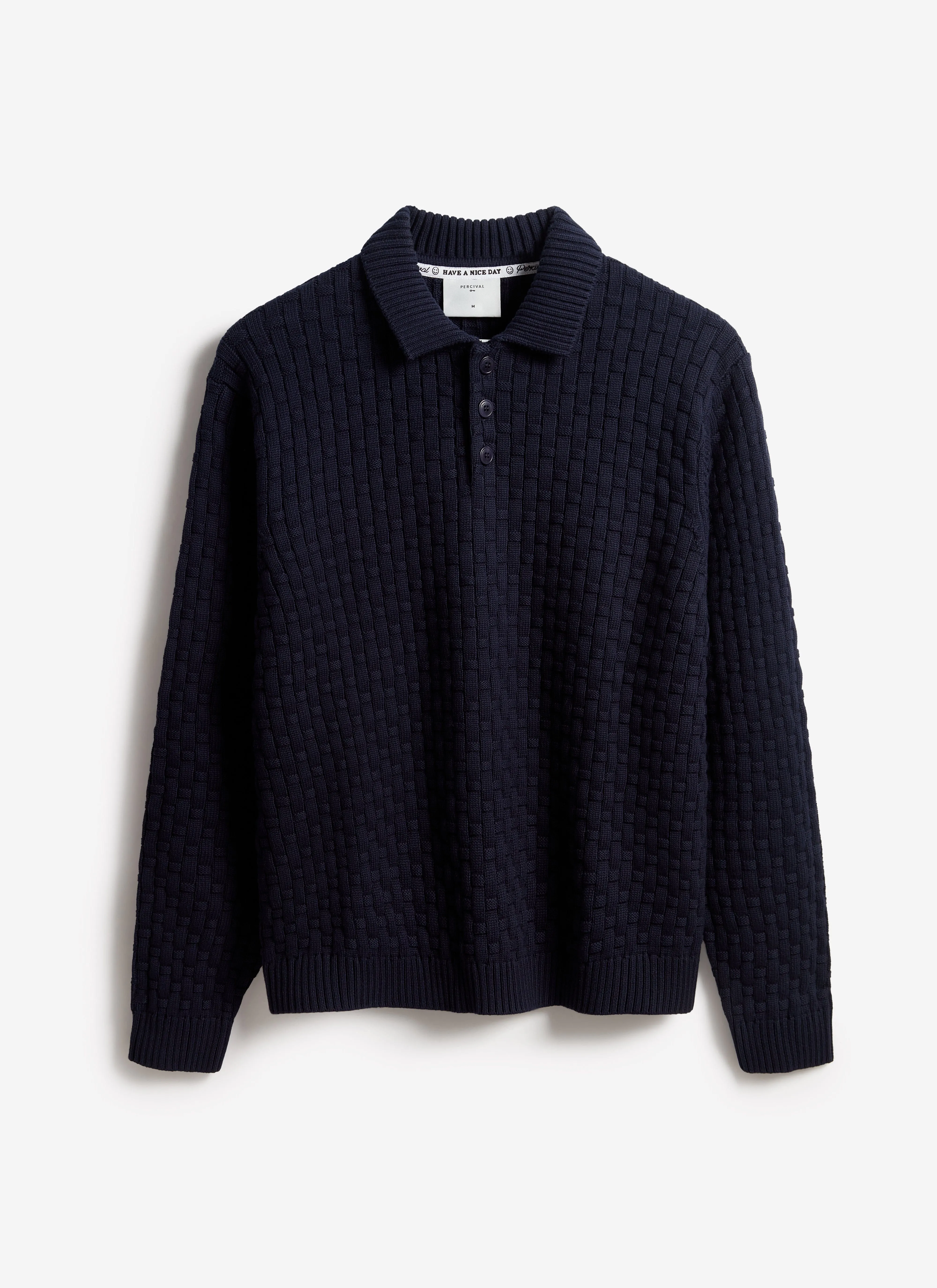 Archer Basketweave Long Sleeve Knitted Shirt | Cotton | Navy sold by Percival