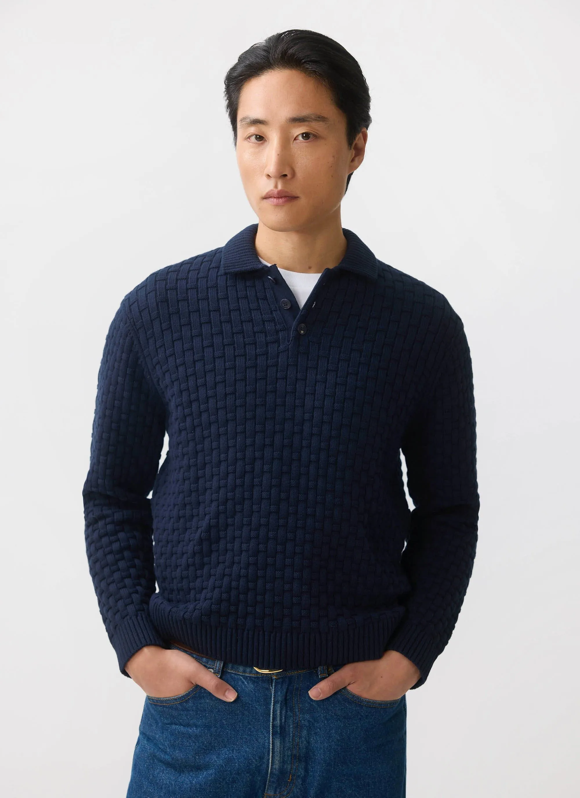Archer Basketweave Long Sleeve Knitted Shirt | Cotton | Navy sold by Percival product image thumbnail 2