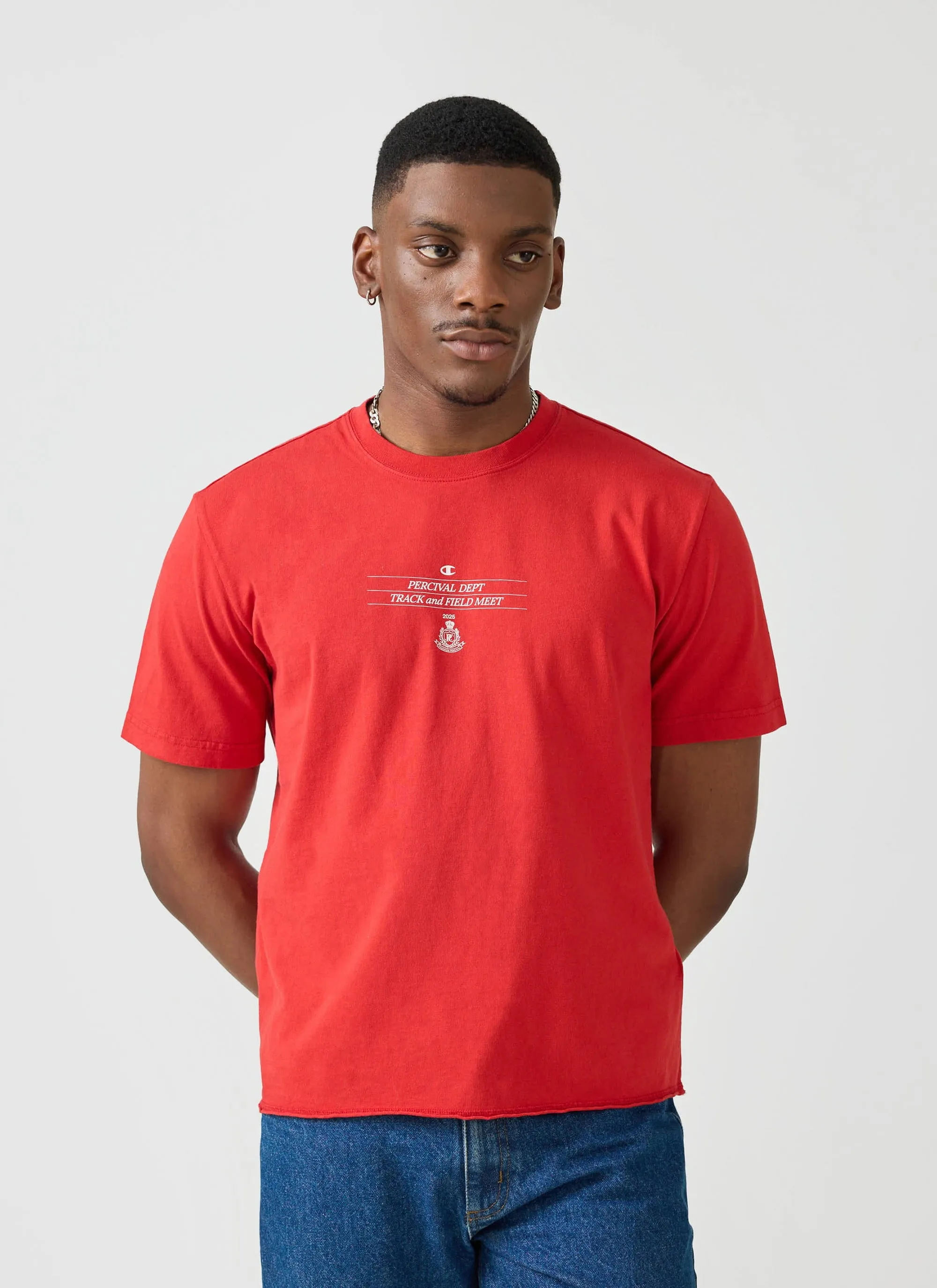 Track and Field Raw Hem T Shirt | Champion x Percival | Red sold by Percival product image thumbnail 2