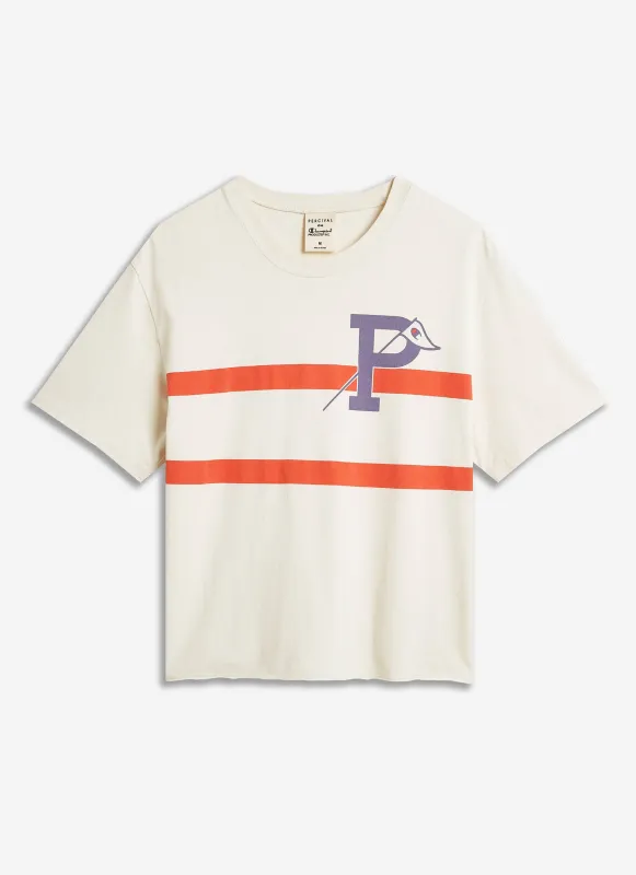 Flag Stripe Raw Hem T Shirt | Champion x Percival | Cream made by Percival
