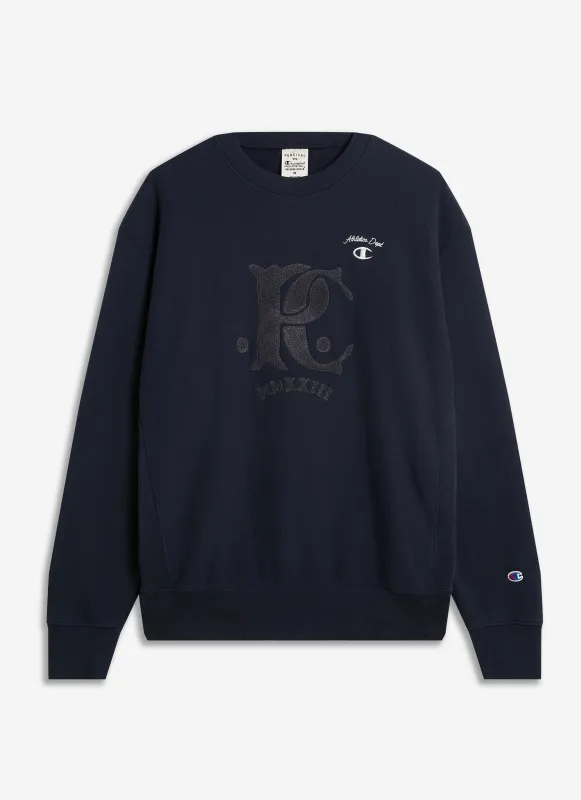 Chenille Patch Jersey Sweatshirt | Champion x Percival | Navy sold by Percival