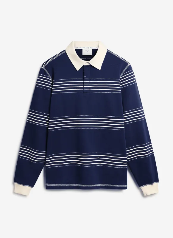 Editor Striped Rugby Polo Shirt | Cotton | Navy sold by Percival