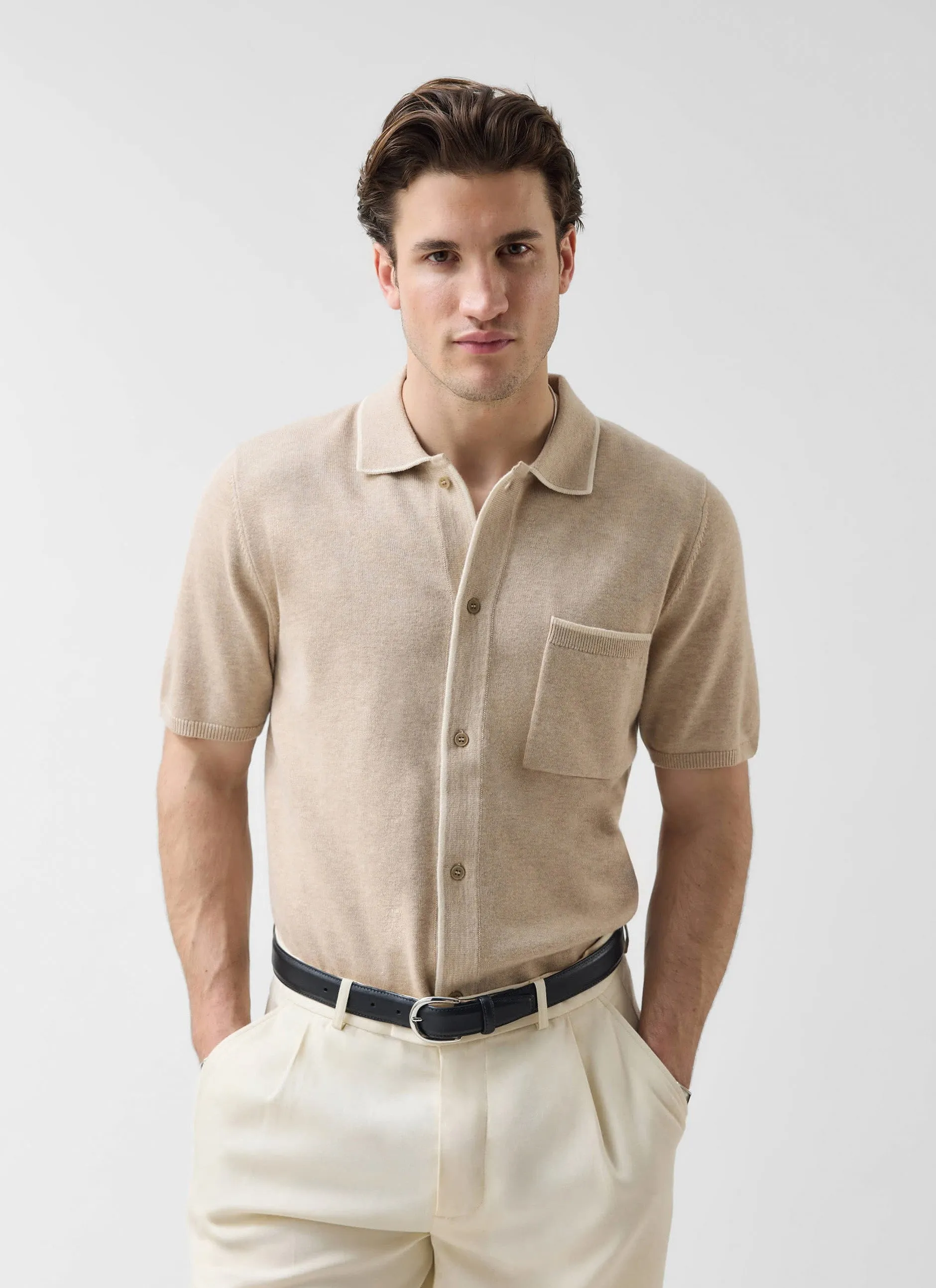 Contrast Trim Regular Knitted Shirt | Wool | Beige sold by Percival