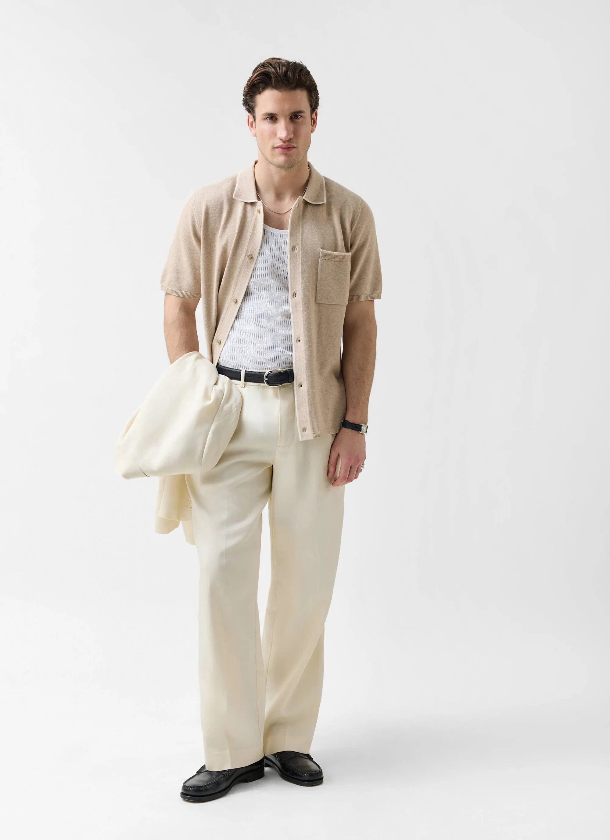 Contrast Trim Regular Knitted Shirt | Wool | Beige sold by Percival product image thumbnail 3