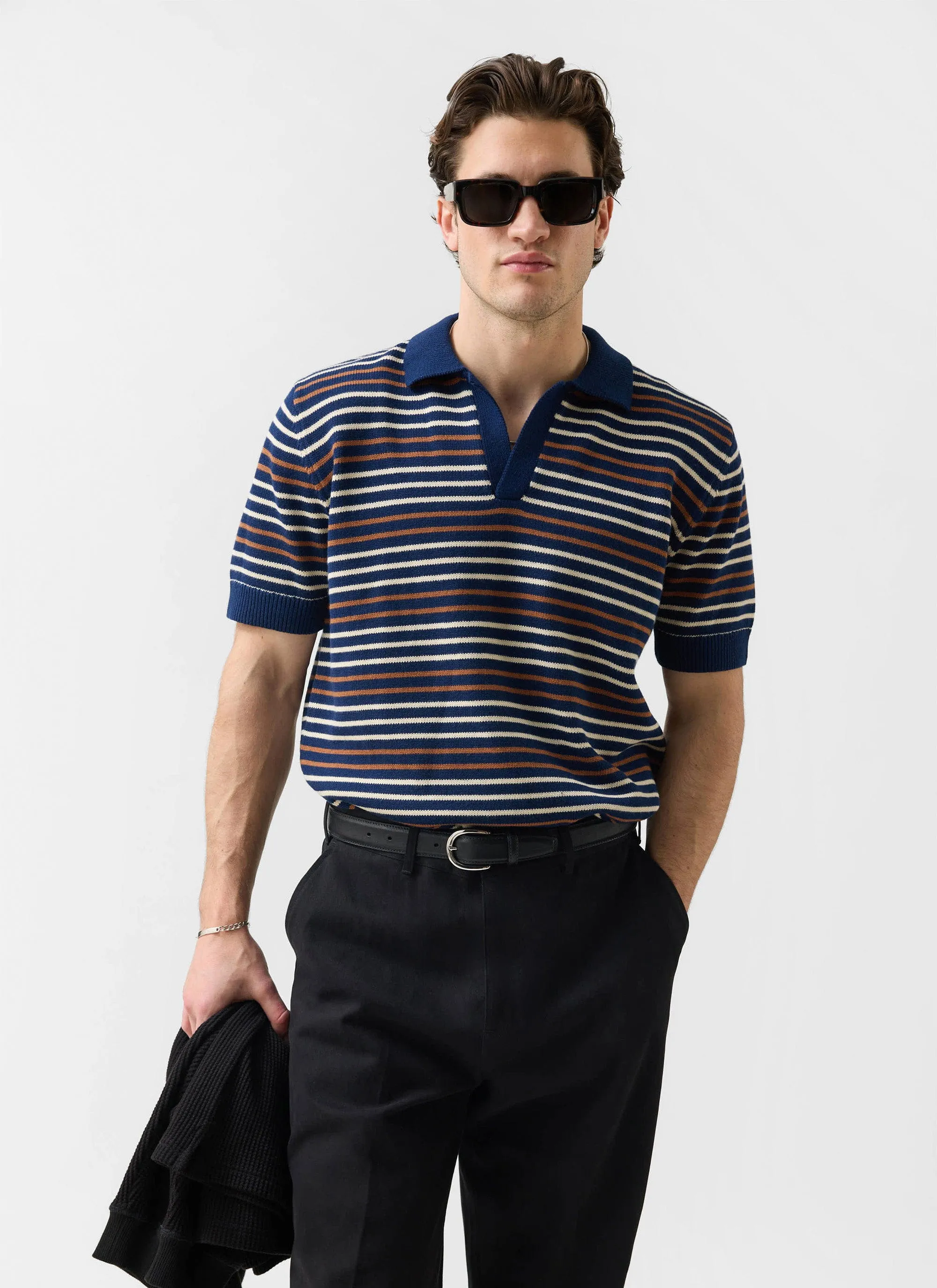 Douglas Boxy Knitted Polo | Cotton | Navy sold by Percival