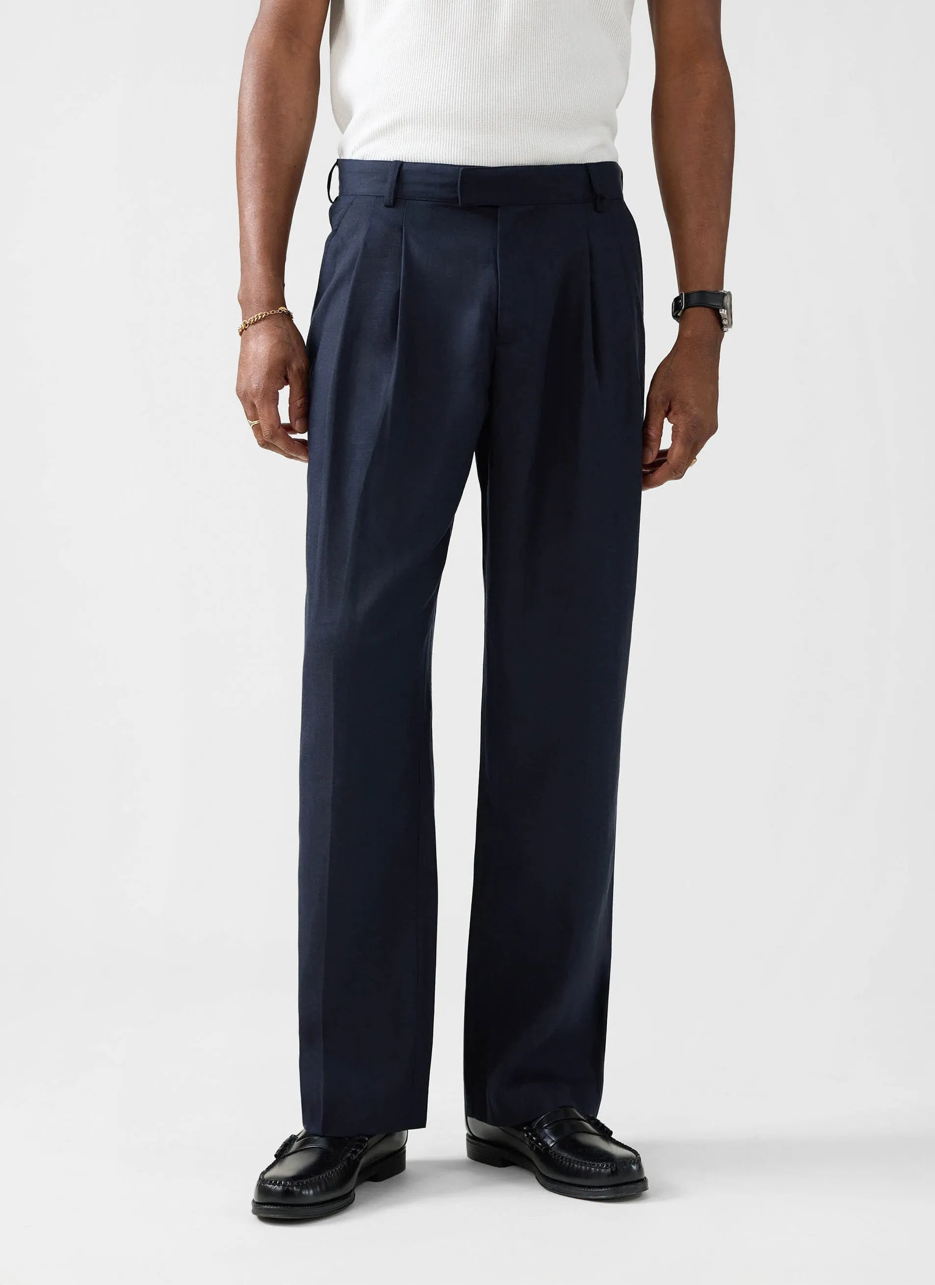 Pleated Leg Trousers | Lyocell | Navy sold by Percival