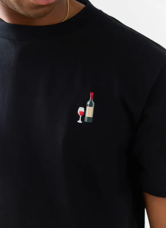 Red Wine Embroidered T Shirt | Organic Cotton | Black sold by Percival