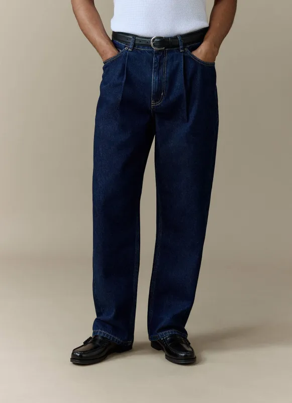 Pleated Denim Jeans | Cotton | Dark Indigo Blue made by Percival