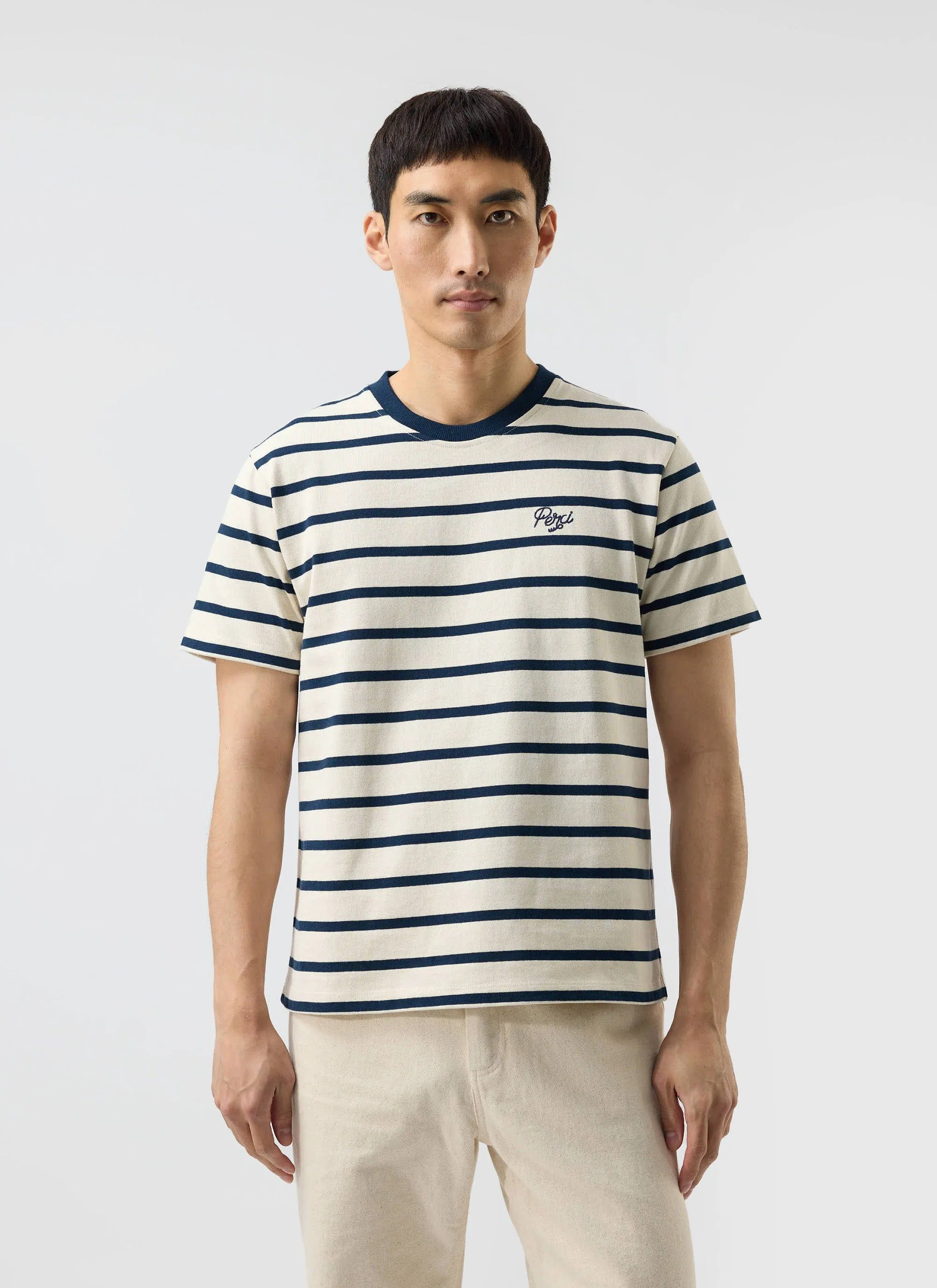 Breton Stripe T Shirt | Organic Cotton | Cream with Navy sold by Percival product image thumbnail 2