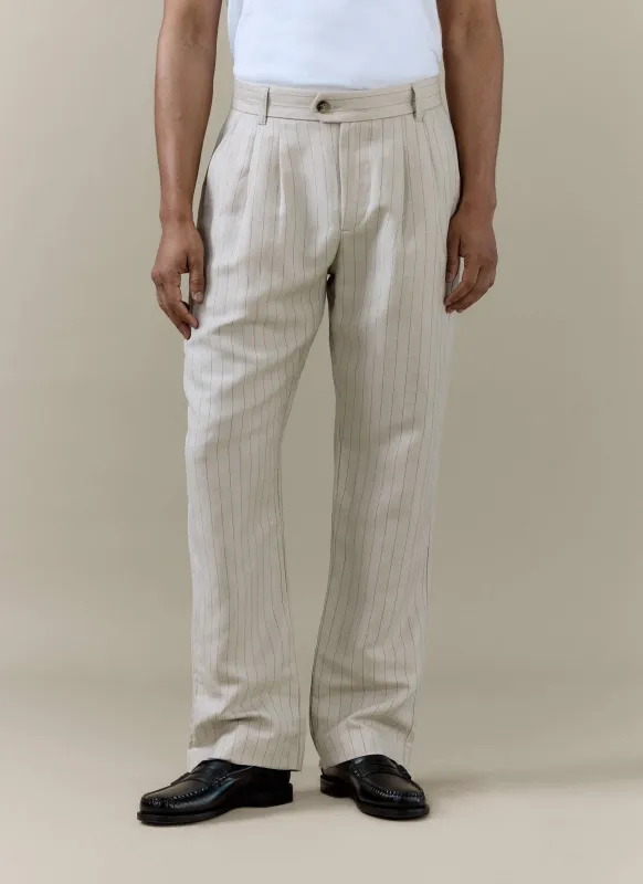 Striped Pleated Tailored Trousers | Linen Blend | Cream made by Percival