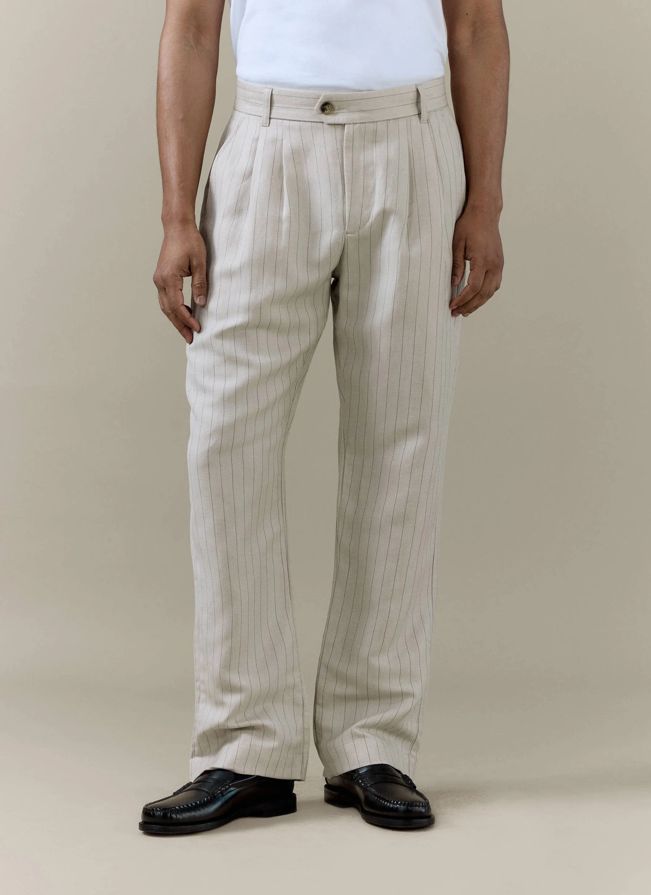 Striped Pleated Tailored Trousers | Linen Blend | Cream sold by Percival