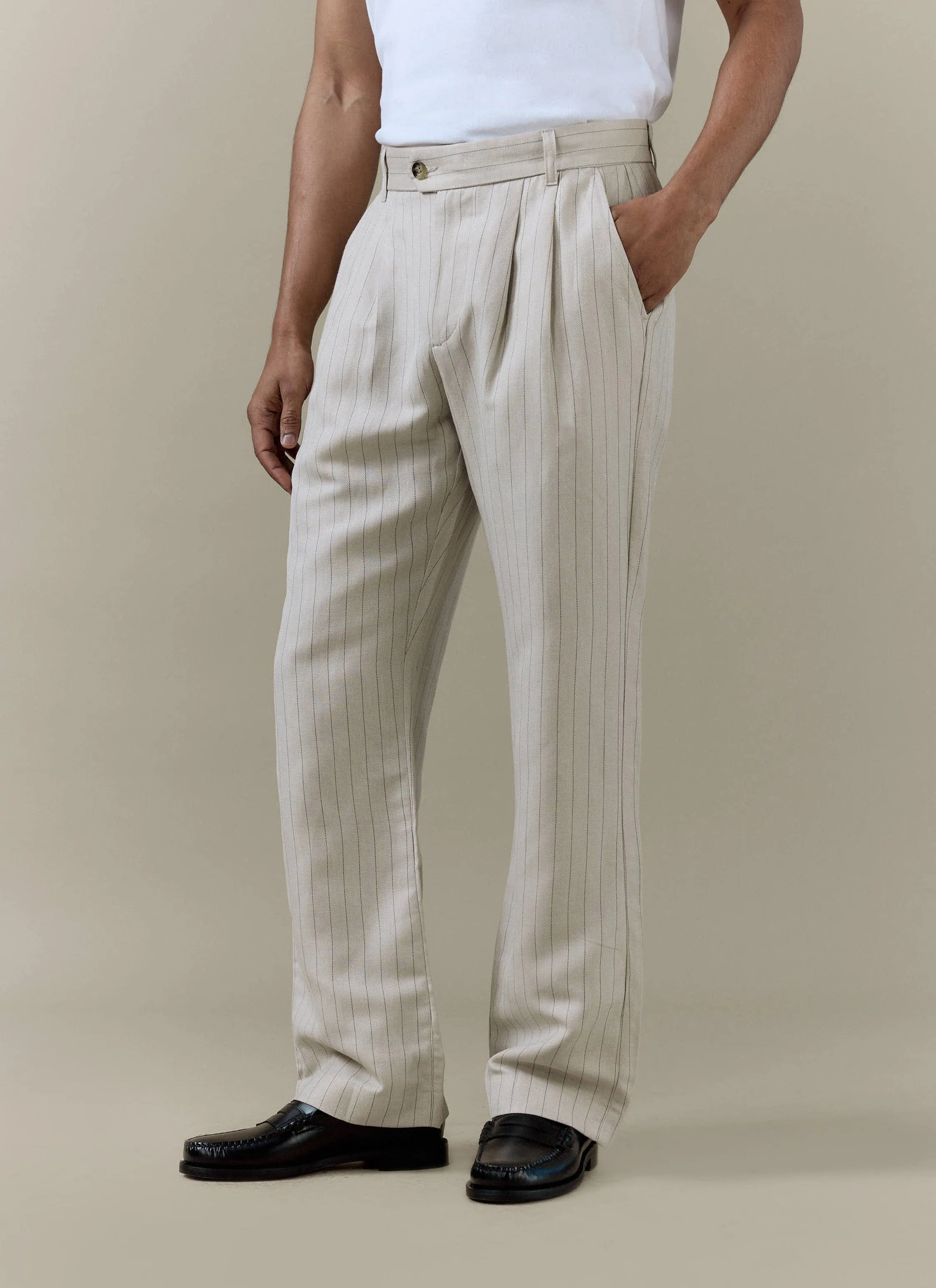 Striped Pleated Tailored Trousers | Linen Blend | Cream sold by Percival product image thumbnail 3