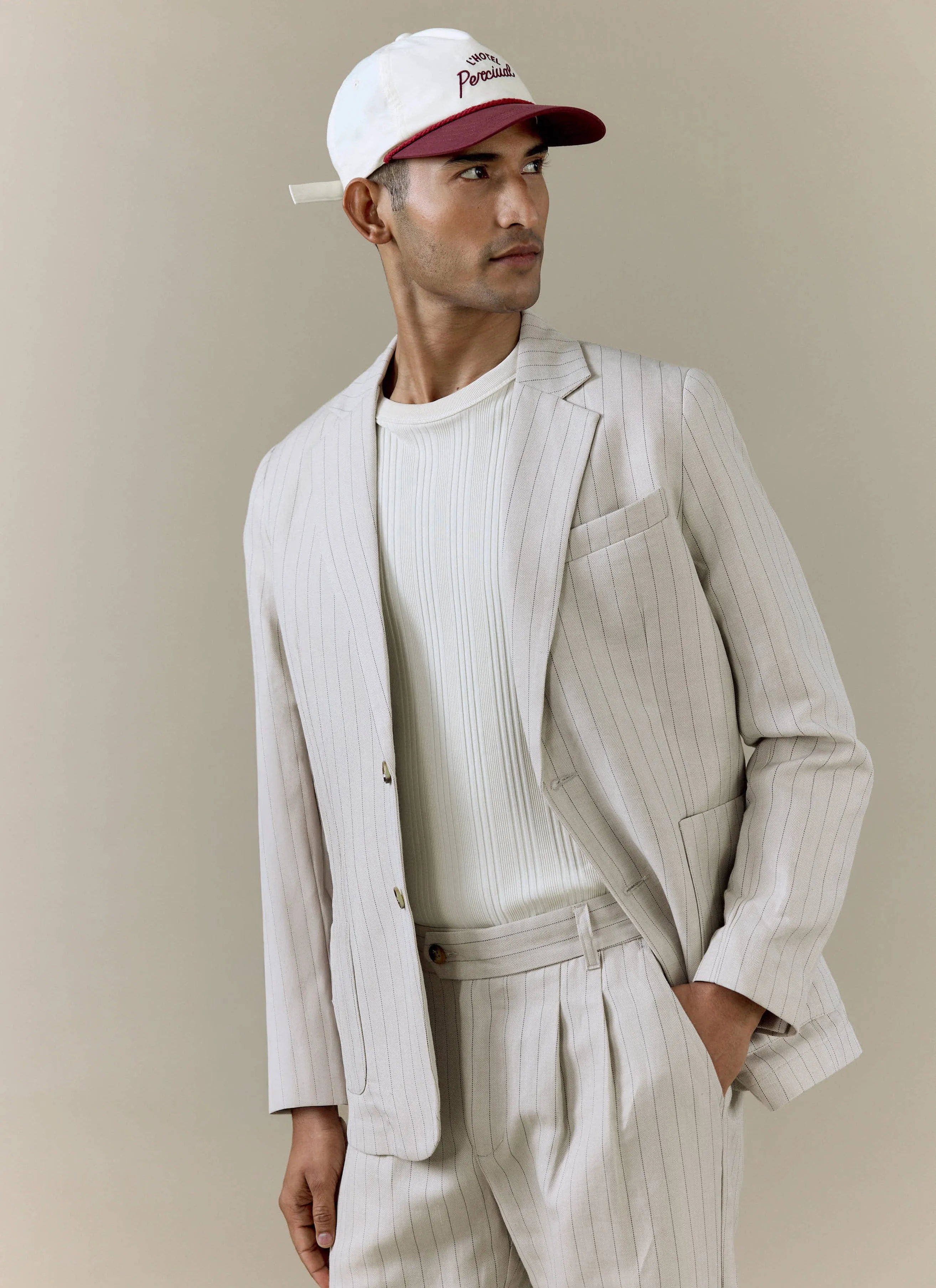 Striped Pleated Tailored Trousers | Linen Blend | Cream sold by Percival product image thumbnail 5