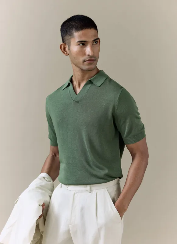 Laurence Knitted Polo | Linen Lyocell Blend | Forest made by Percival