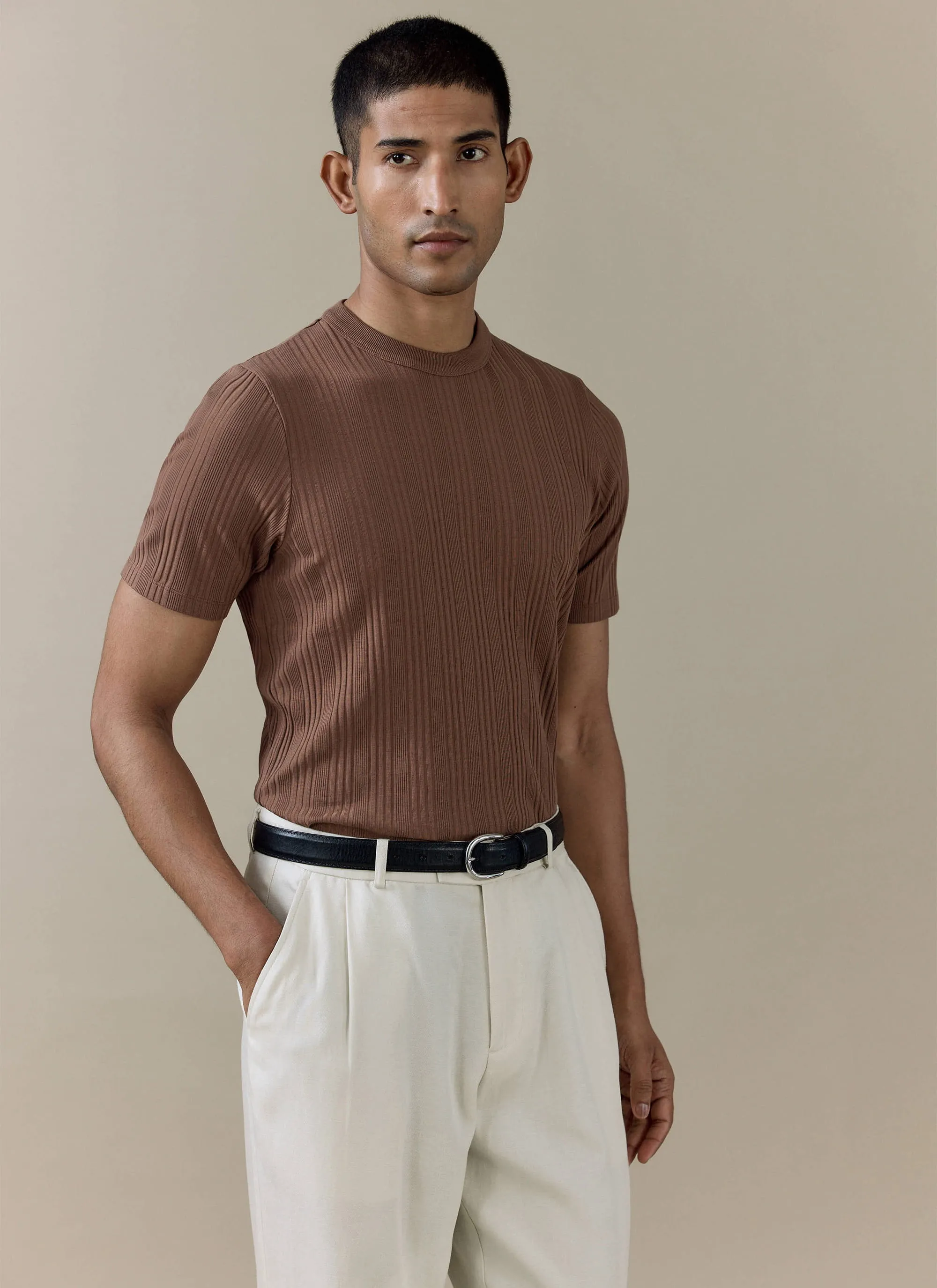 Leon Slim Ribbed T Shirt | Cotton | Brown sold by Percival product image thumbnail 4