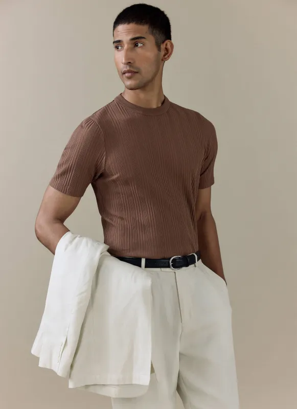 Leon Slim Ribbed T Shirt | Cotton | Brown made by Percival