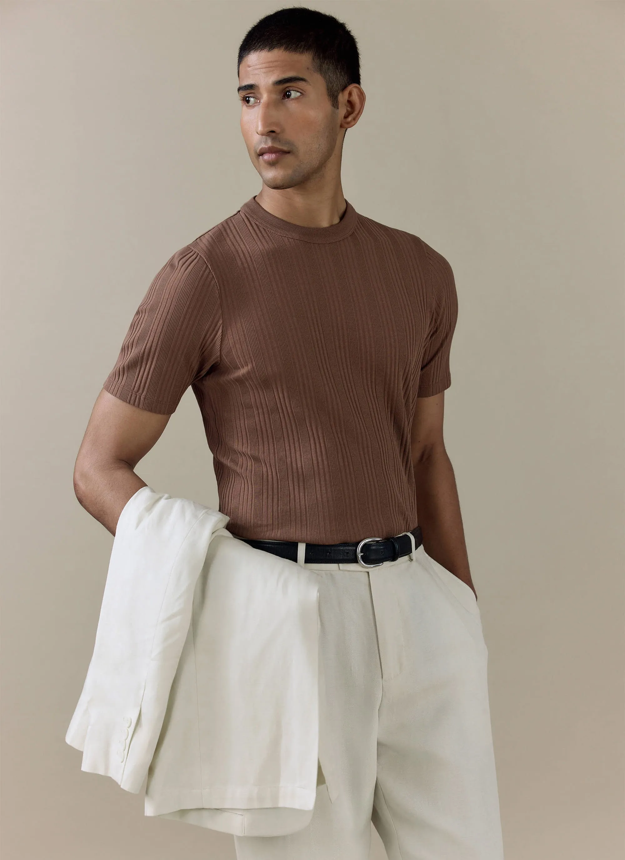 Leon Slim Ribbed T Shirt | Cotton | Brown sold by Percival
