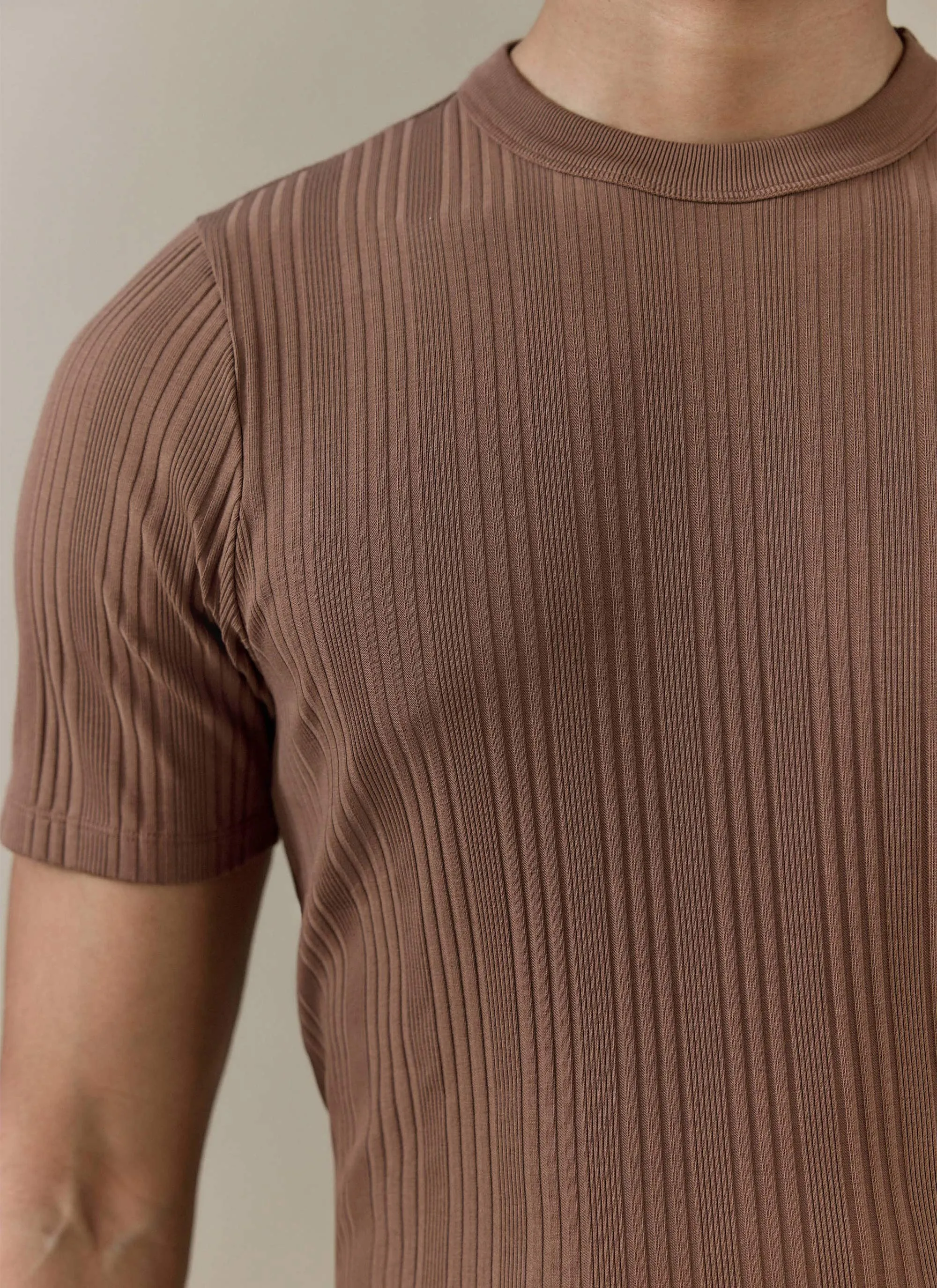 Leon Slim Ribbed T Shirt | Cotton | Brown sold by Percival product image thumbnail 3