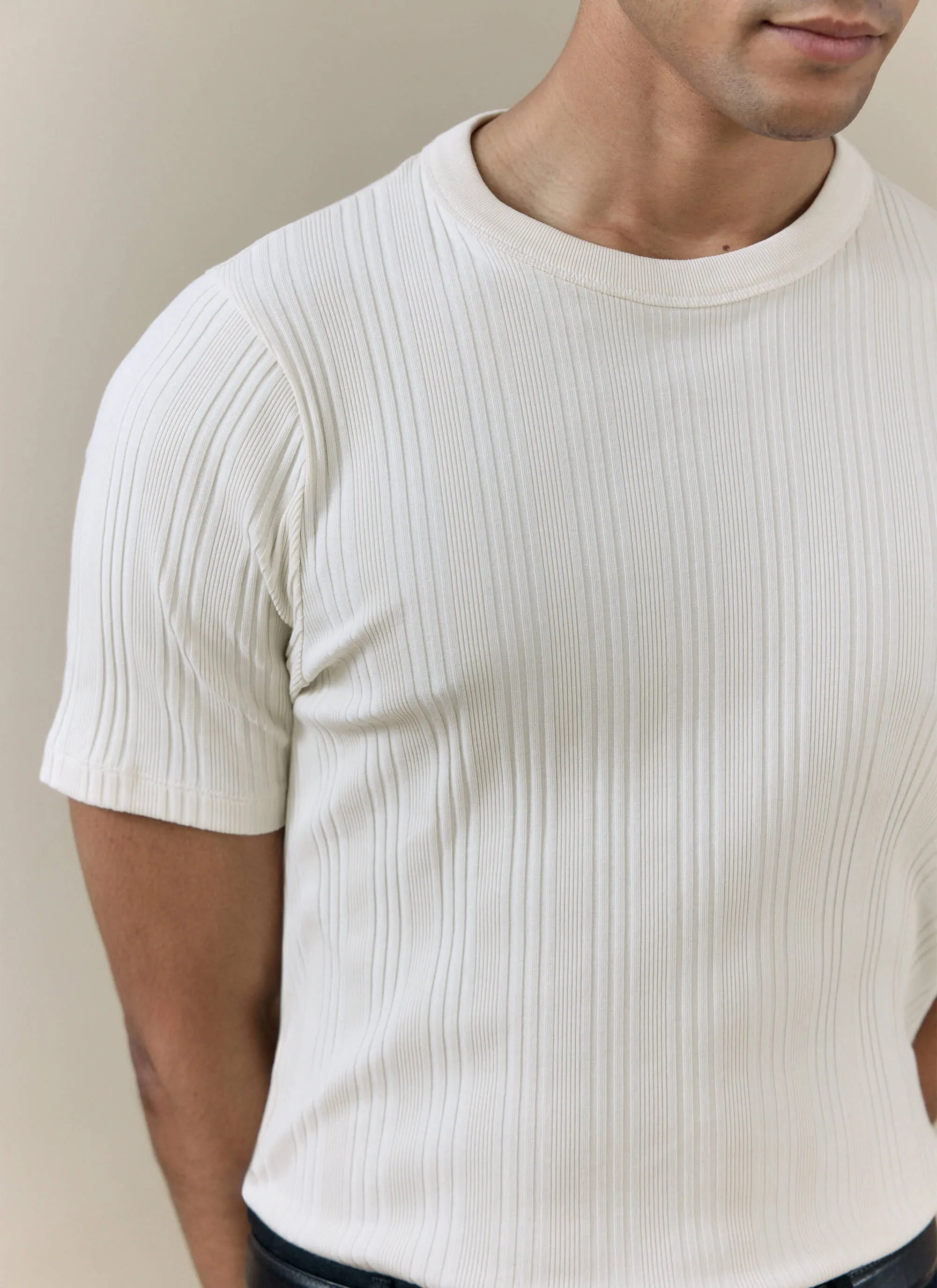 Leon Slim Ribbed T Shirt | Cotton | Cream sold by Percival