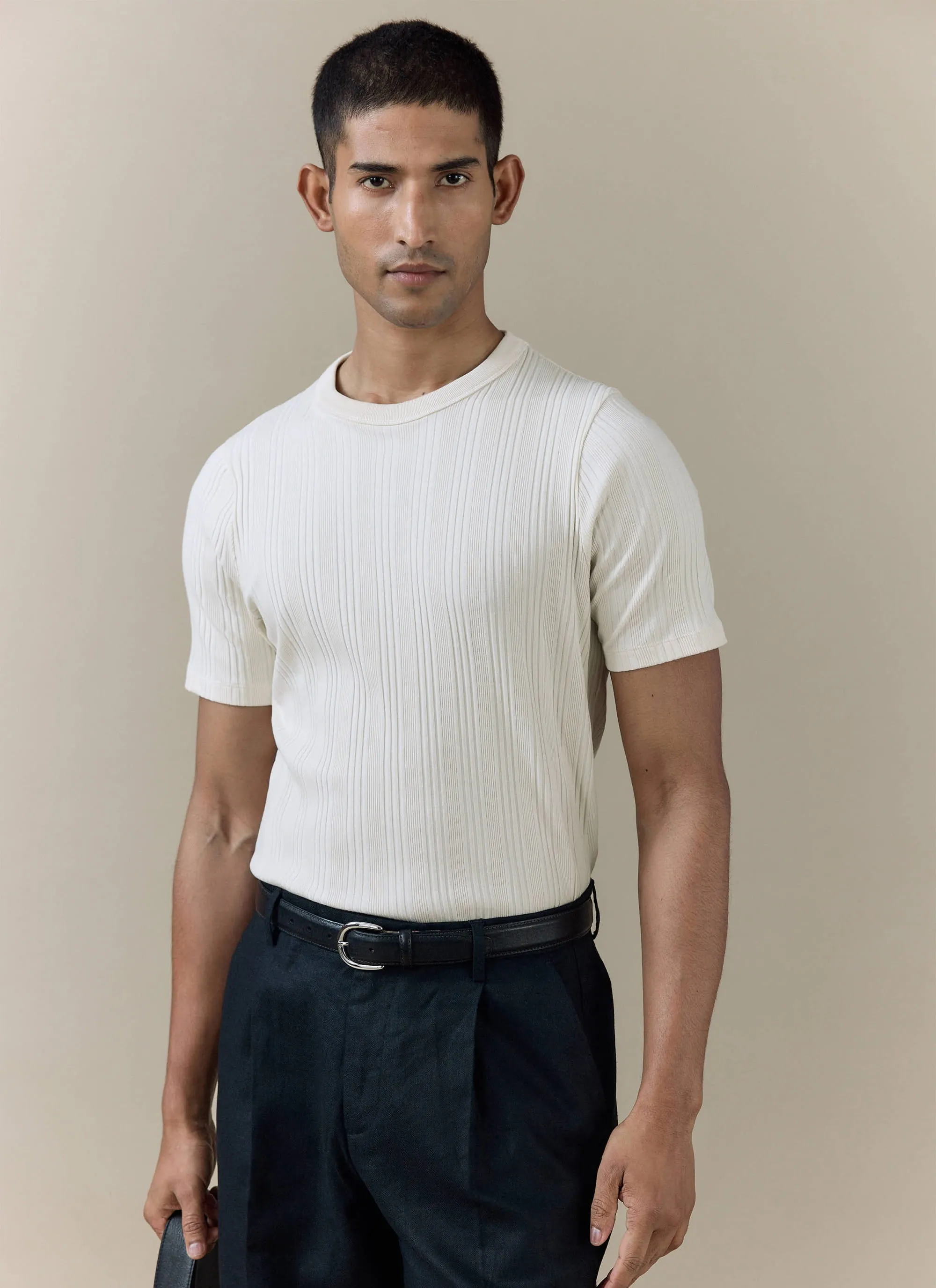 Leon Slim Ribbed T Shirt | Cotton | Cream sold by Percival product image thumbnail 4