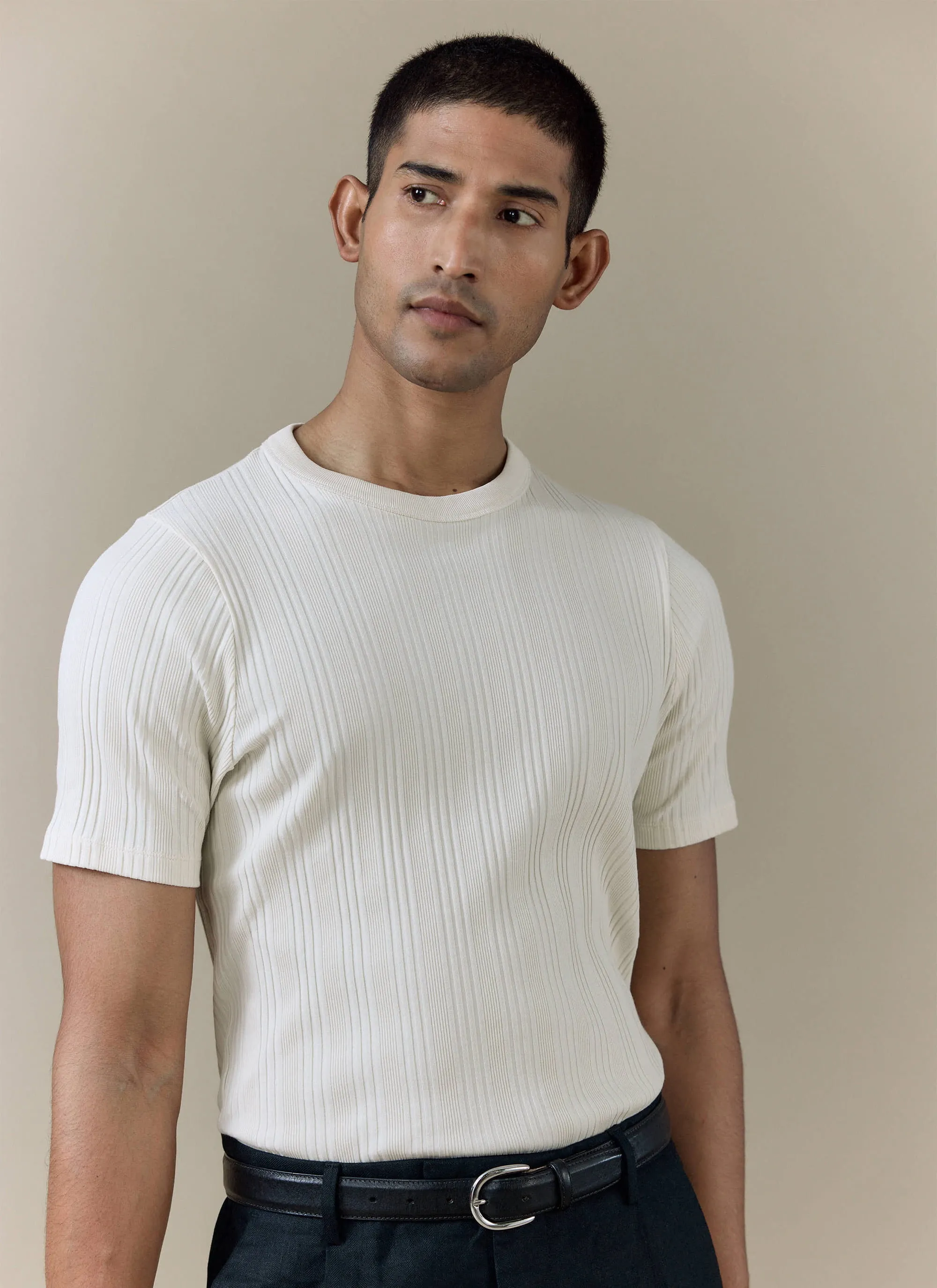 Leon Slim Ribbed T Shirt | Cotton | Cream sold by Percival product image thumbnail 5