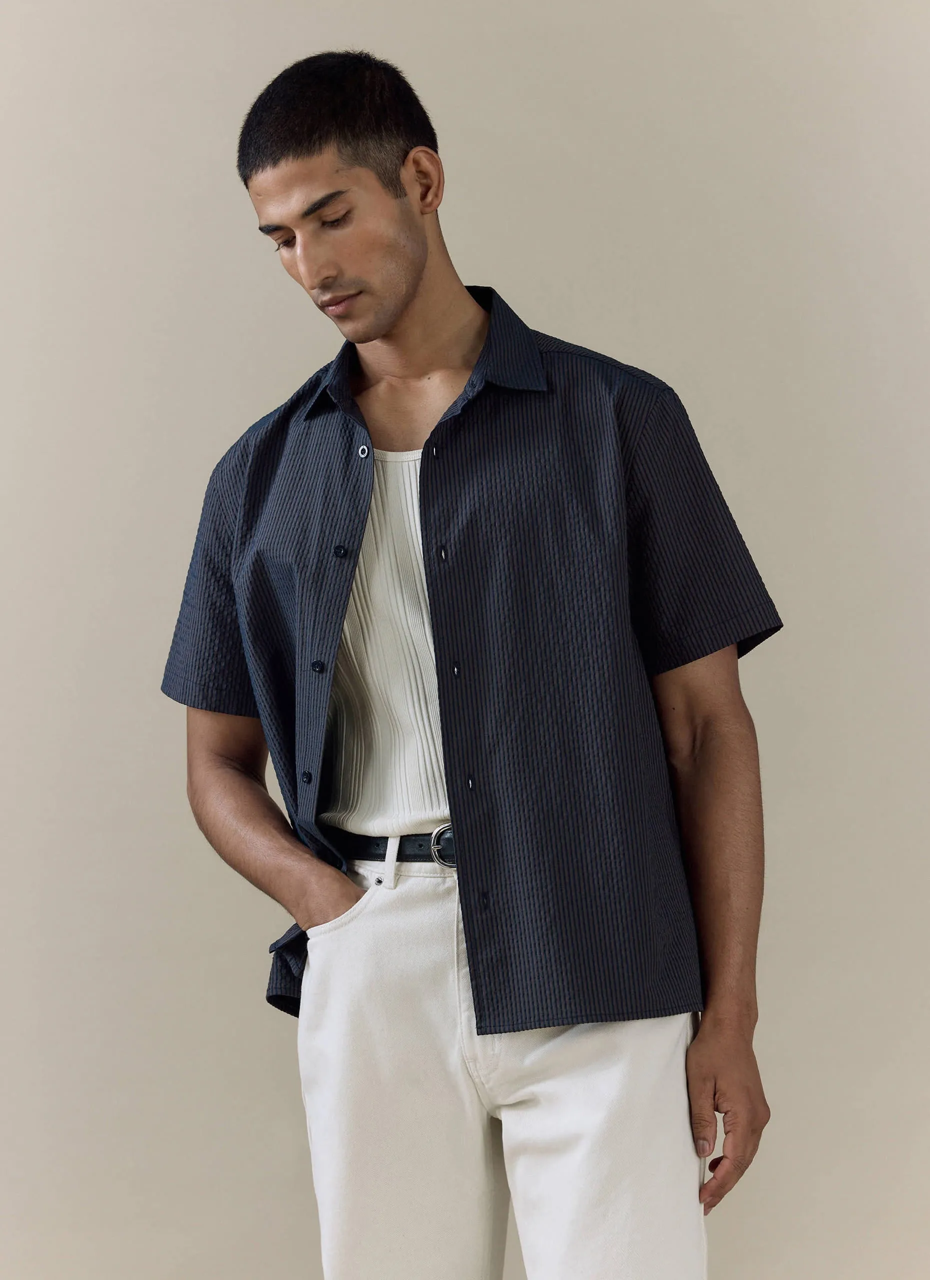 Rowan Seersucker Boxy Shirt | Cotton | Navy Stripe sold by Percival product image thumbnail 5