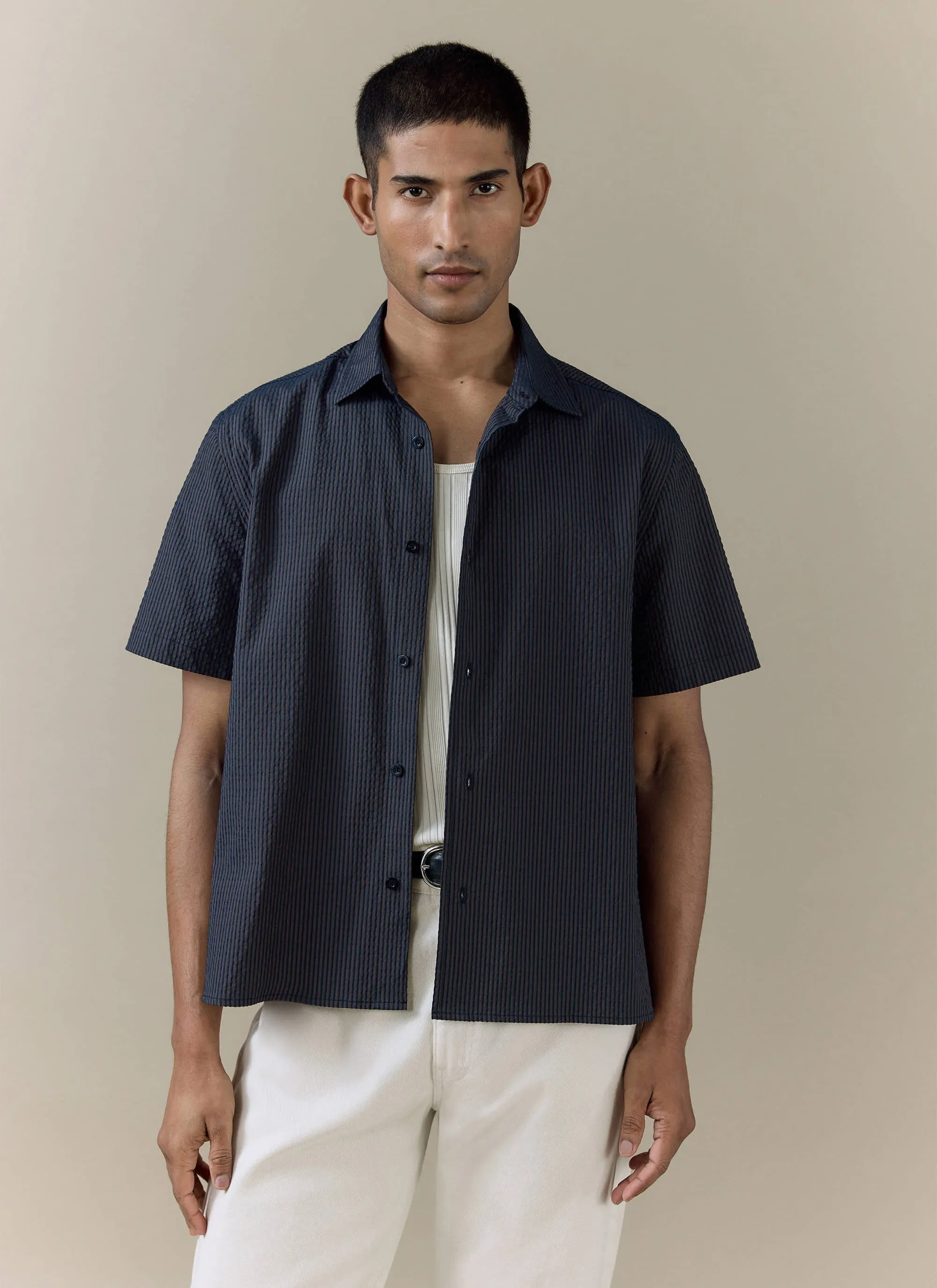 Rowan Seersucker Boxy Shirt | Cotton | Navy Stripe sold by Percival product image thumbnail 4