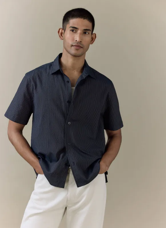 Rowan Seersucker Boxy Shirt | Cotton | Navy Stripe made by Percival