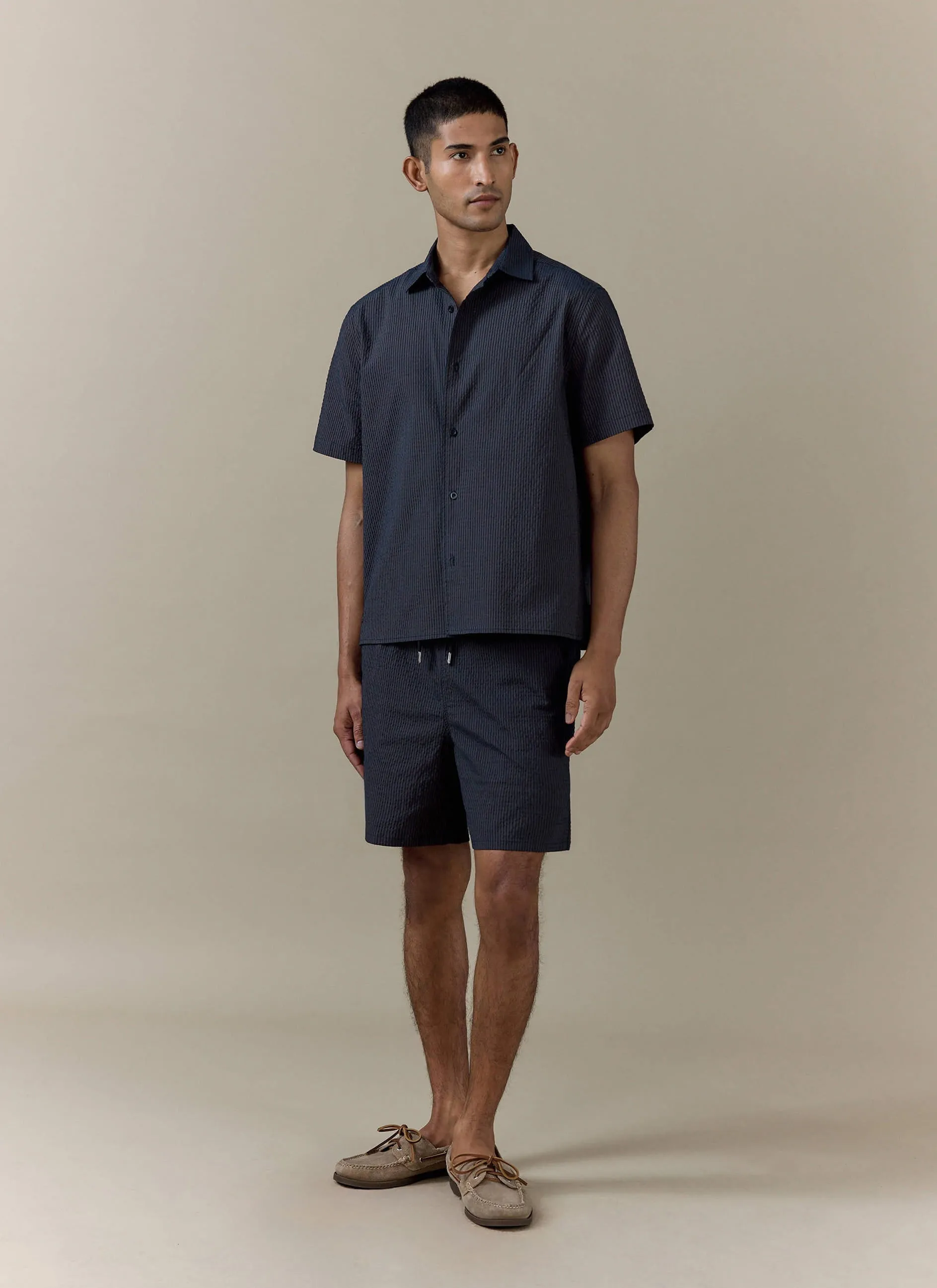 Rowan Seersucker Boxy Shirt | Cotton | Navy Stripe sold by Percival product image thumbnail 3