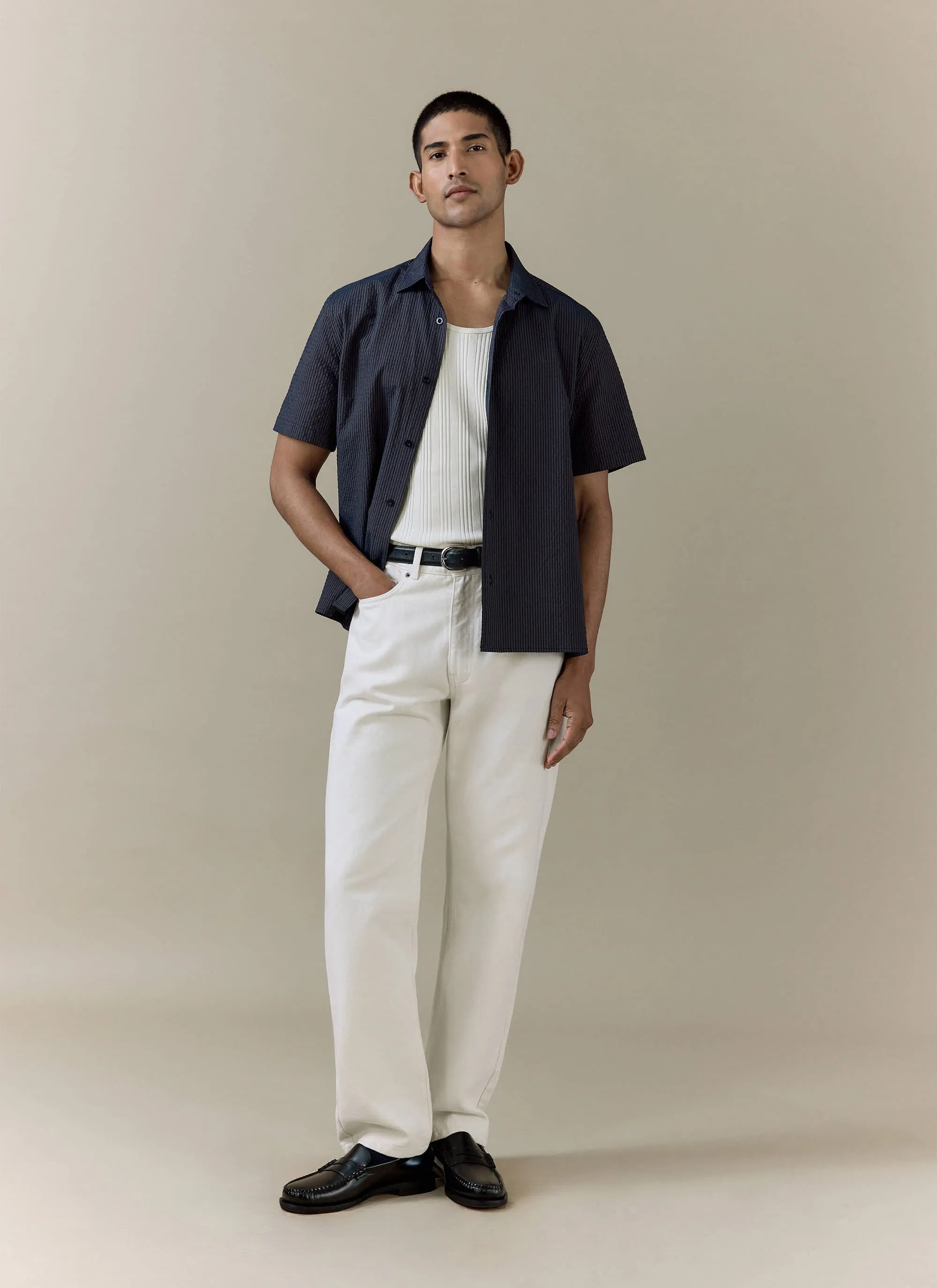 Rowan Seersucker Boxy Shirt | Cotton | Navy Stripe sold by Percival product image thumbnail 2