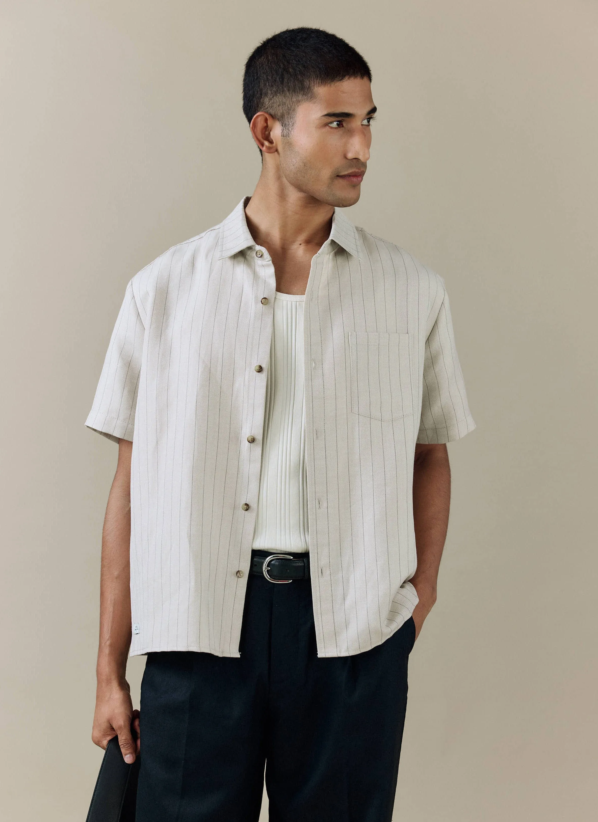 Striped Boxy Shirt | Linen Blend | Cream sold by Percival