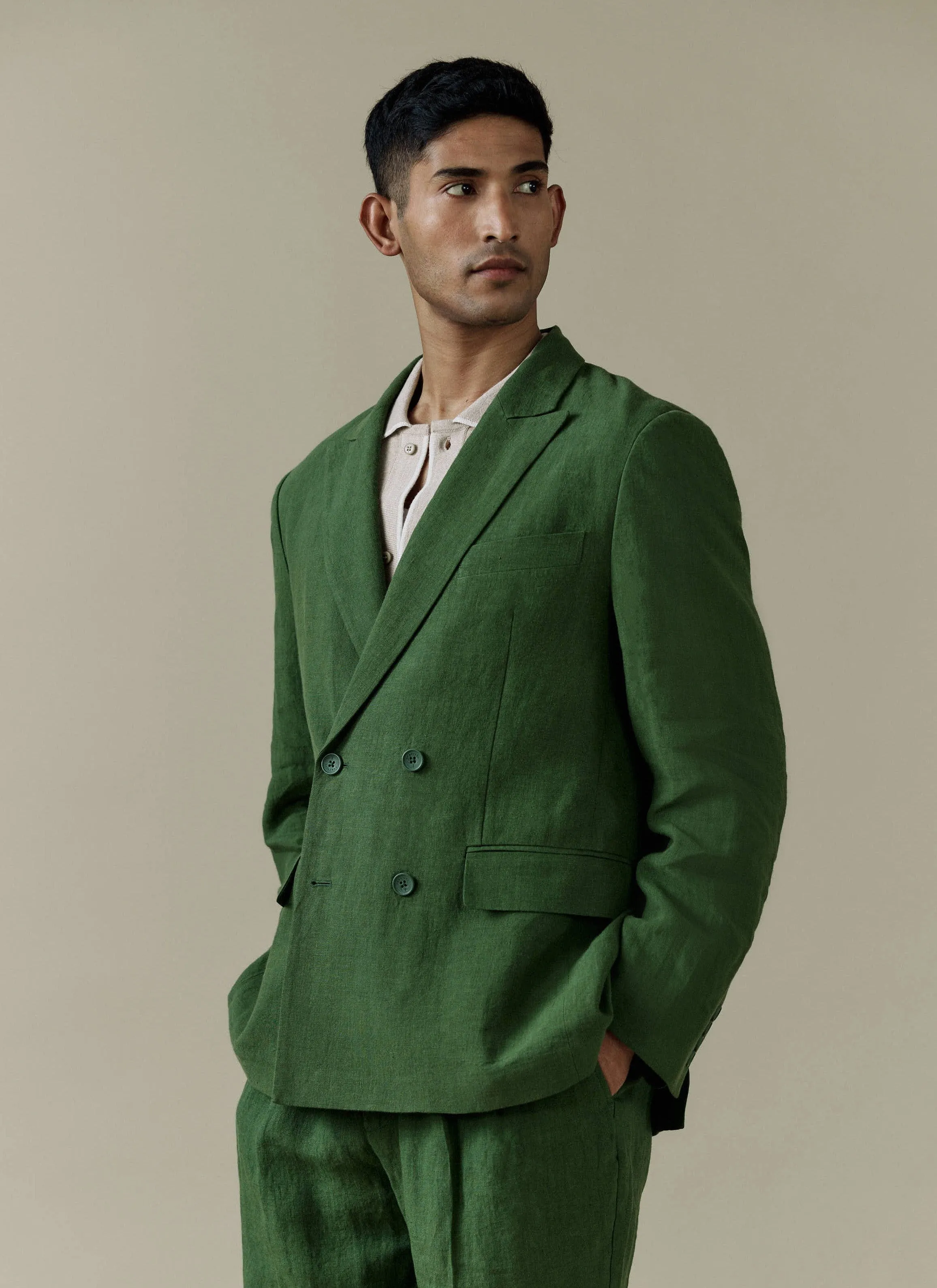 Clifton Double Breasted Blazer | Linen | Forest sold by Percival