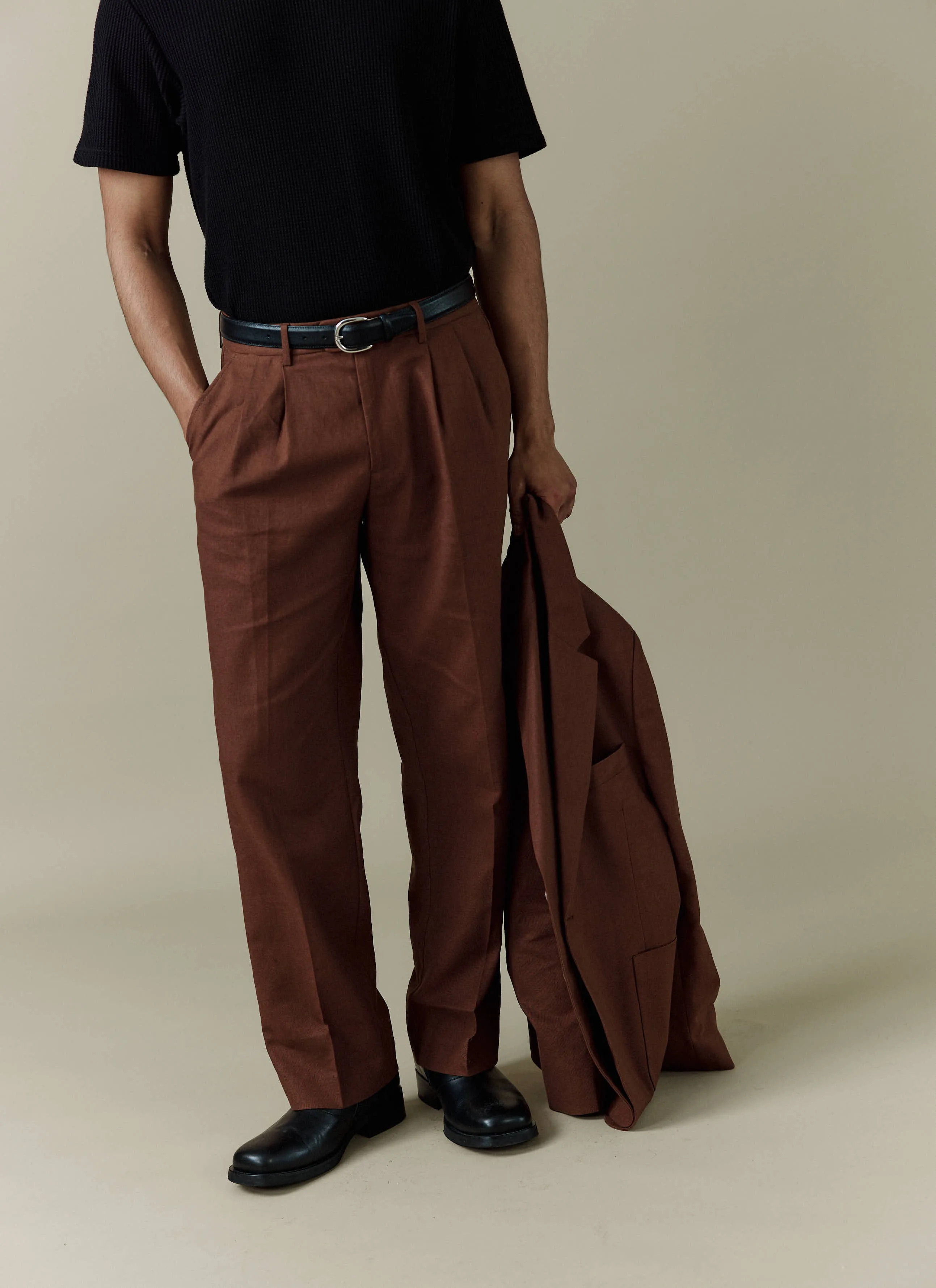 Pleated Tailored Trousers | Linen | Brown sold by Percival product image thumbnail 3